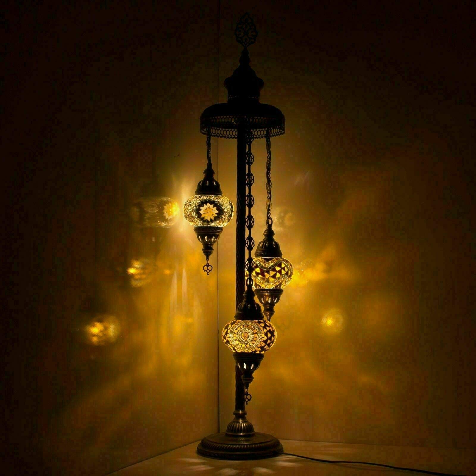 Turkish Moroccan Mosaic Floor Lamp Light, Handmade Glass Mosaic Multicolour Tiffany Floor Lamp Light 3 Medium Globe-with LED Bulb