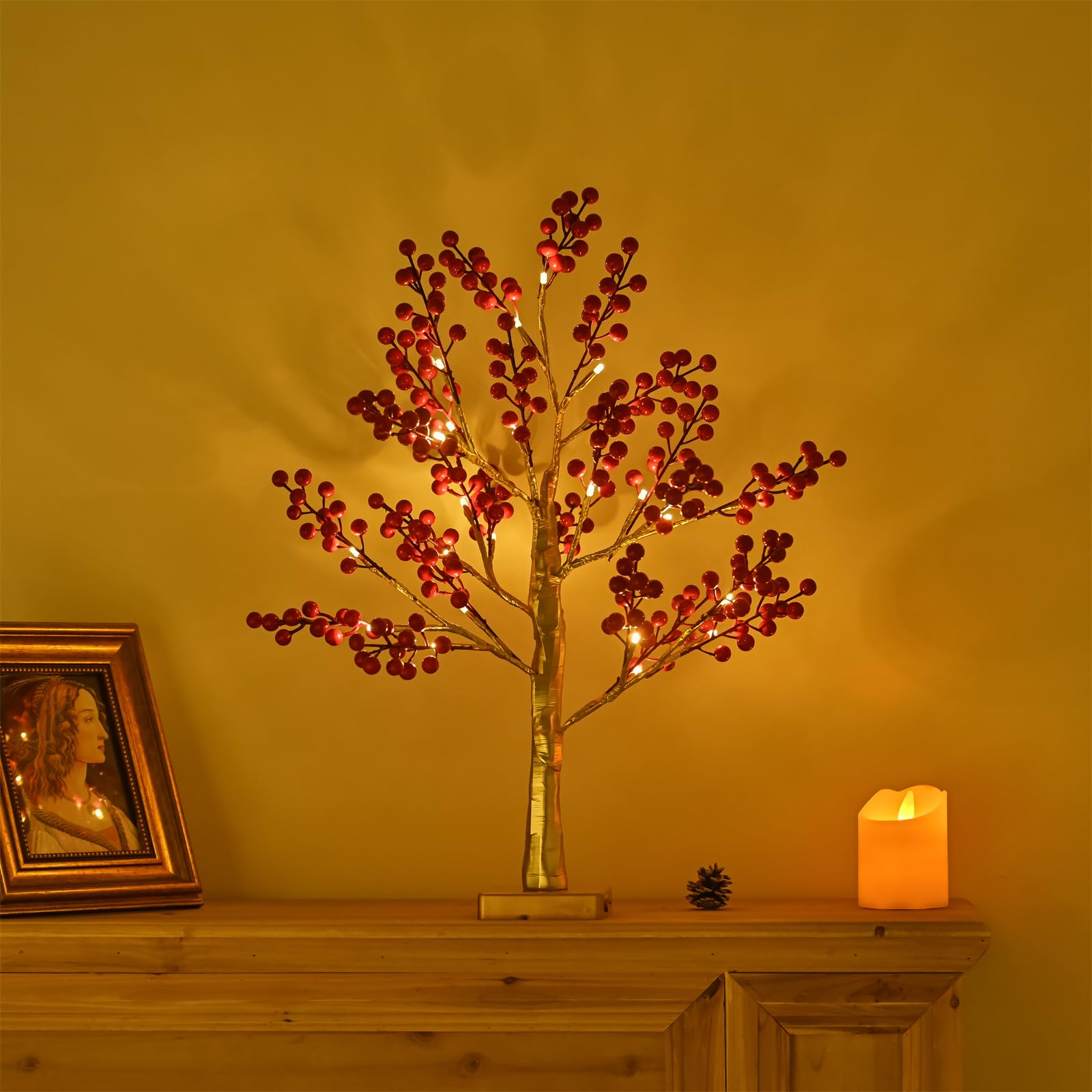 Red Berry Tree Light for Room Decor,23.5in 24 LED Tabletop Bonsai Tree Light with Timer,Battery/USB Operated,Aesthetic Lamps for Living Room Bedroom Dorm Room Christmas Home Gifts House Decor