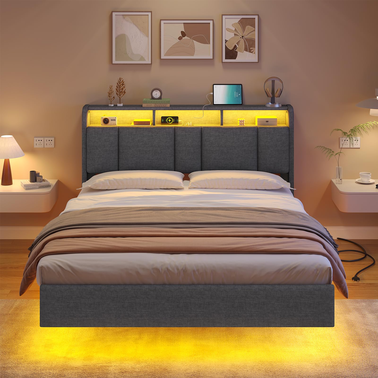 AOGLLATI Lit Double 140x190 avec Multiprise & Éclairage LED, Tête de Lit Rembourrée avec Rangement, Cadre de Lit avec Sommier, Moderne Effet Flottant, Tissu en Lin, Gris Foncé