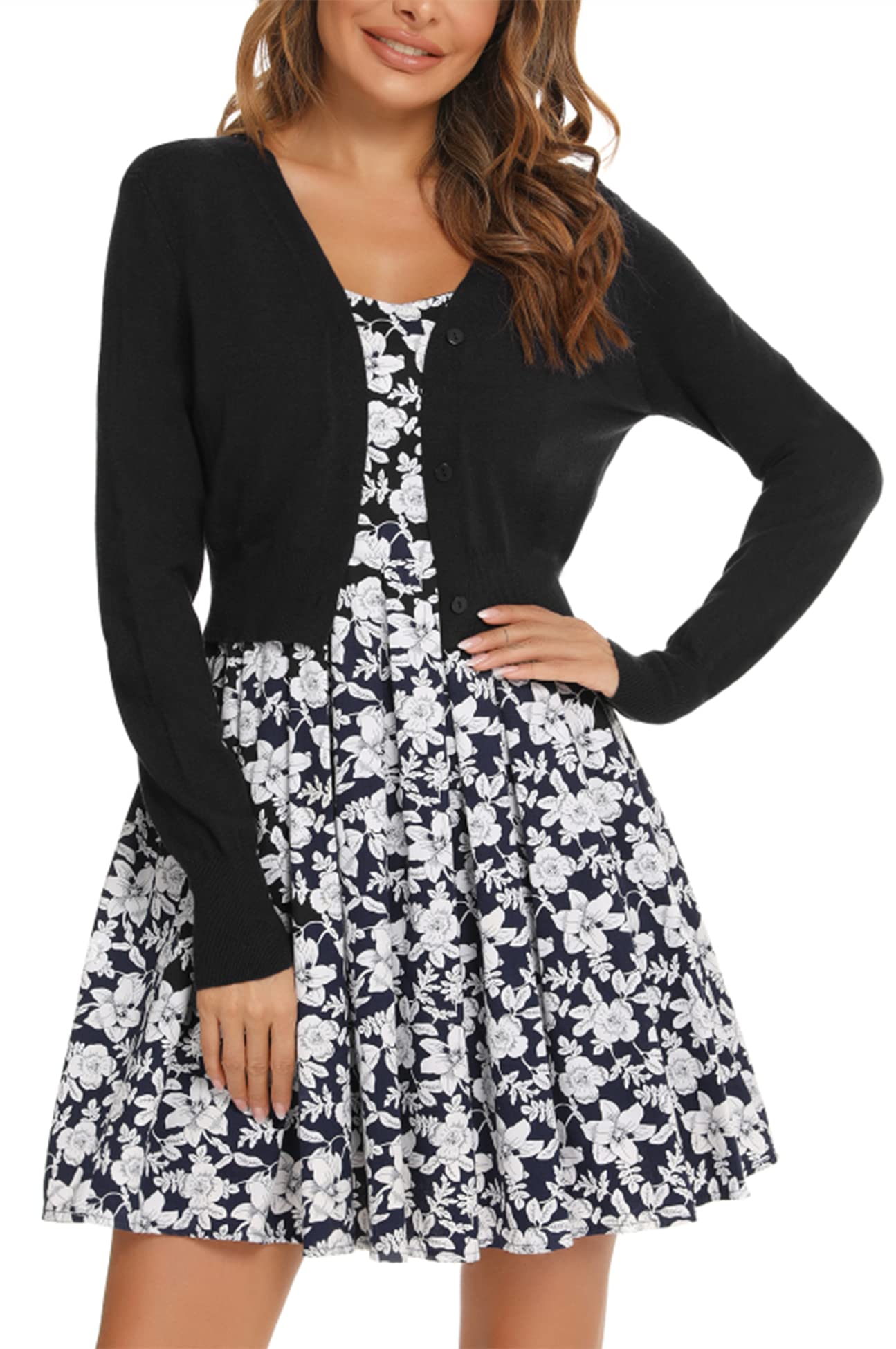 Boléro Femme Tricot Gilet Court Veste Cardigan Bouton Manches Longues pour Robe T Shirt Bretelle Soirée Fête Décontracté Chic Elégante