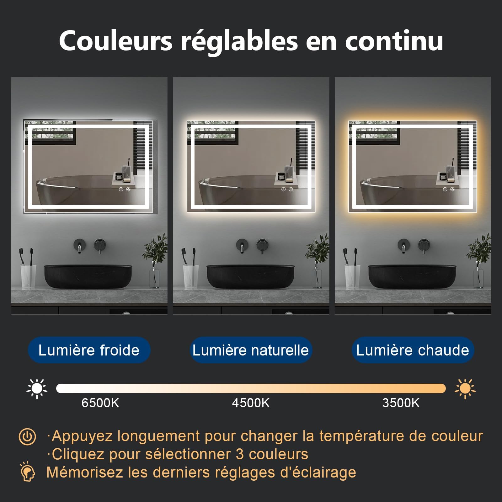 Trintion Miroir Salle de Bain LED 70x50 cm Éclairage 3 Couleurs Réglable