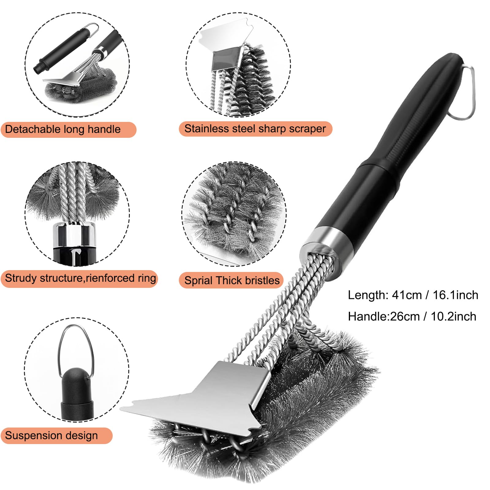 3 Pezzi Spazzola Barbecue 3 In 1 Spazzole per Griglia Acciaio Inossidabile Spazzola per Pulizia Barbecue con Raschietto e Manico Spazzola BBQ per Griglia a Gas Carbone Elettrico