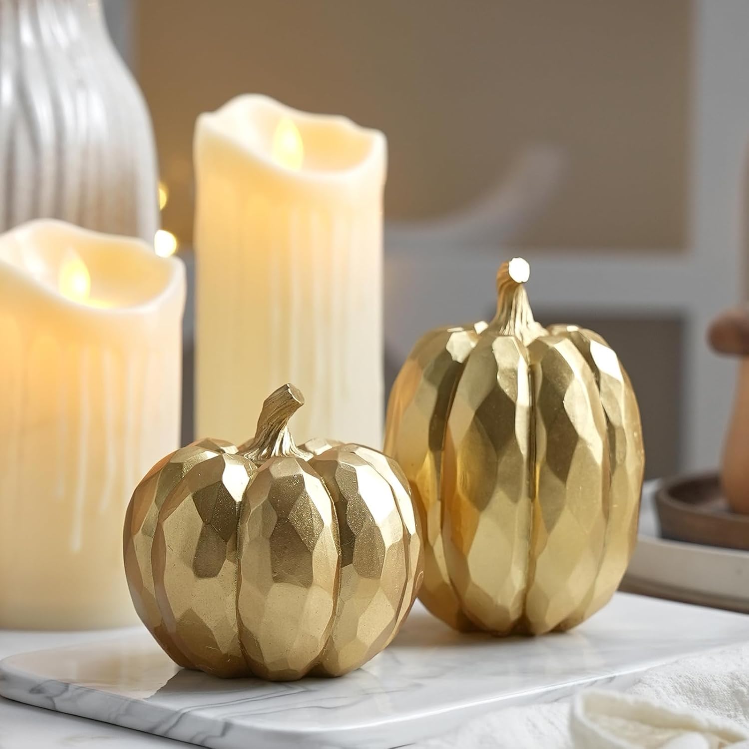 Pumpkin Decor Fall Decoration, Gold Pumpkins for Decorating, 2Pcs Resin Artificial Pumpkin Figurine Mantel Decor, Thanksgiving Autumn Harvest,Wedding Elegant Gold Set of 2