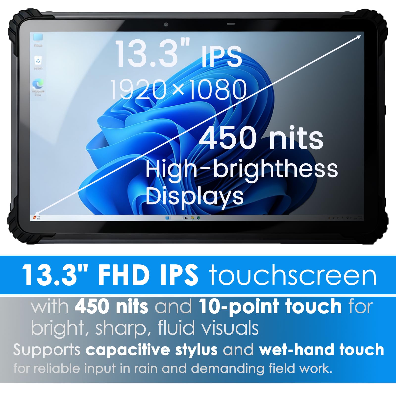 Kayoote ST13 Pro 13.3" Tablet Rugged Win 11 Pro, Intel Celeron N5100, 8GB RAM 256GB ROM, Impermeabile IP65, 1080P FHD, 4G, GPS, Fotocamera 13MP, 8000mAh, Lettore NFC, RS232