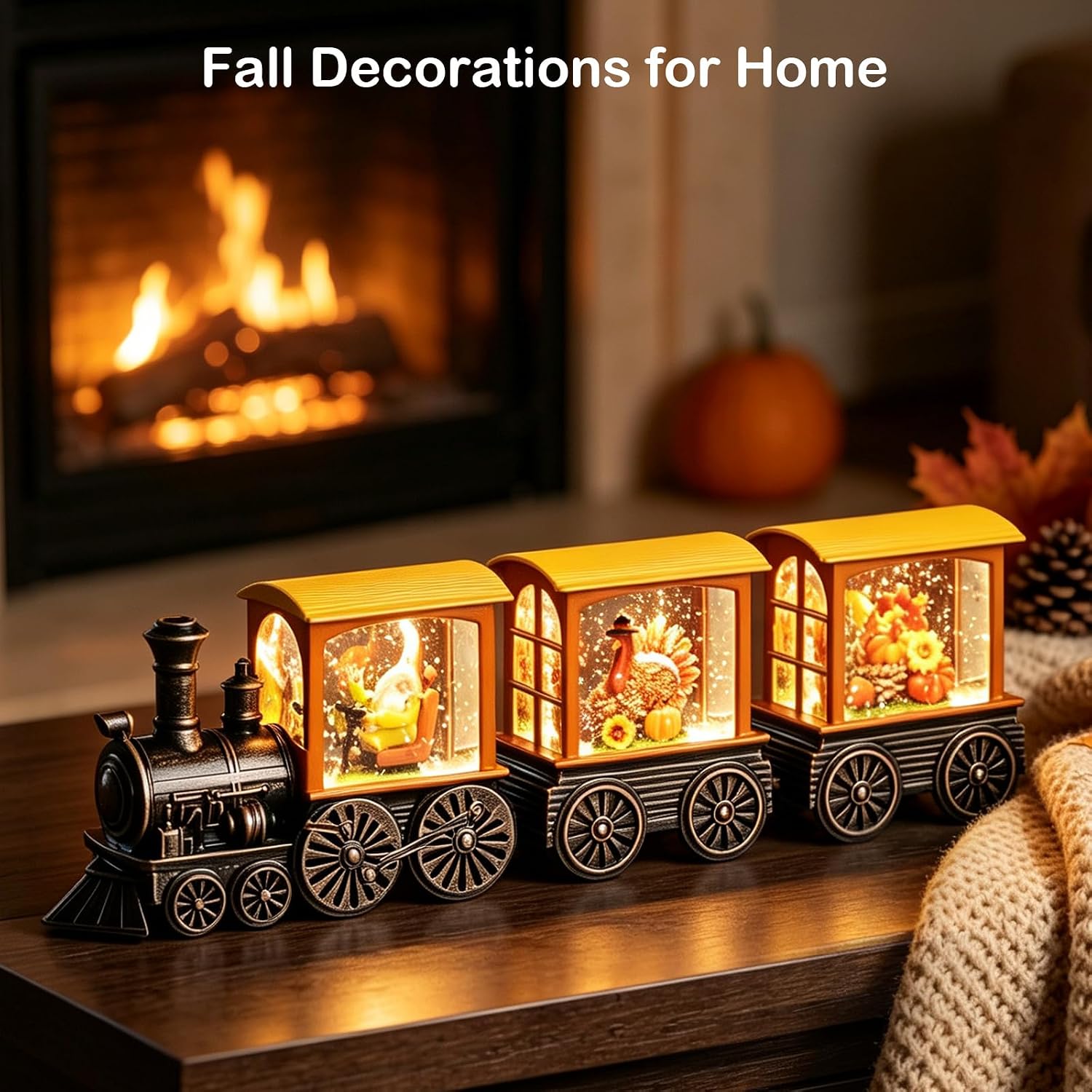 Fall Snow Globe Lantern Fall Decorations for Home, Lighted Fall Decor with Pumpkin Turkey Gnome Train, 6H Timer Thanksgiving Swirling Glitter Snow Globe for Harvest Day, Battery Operated