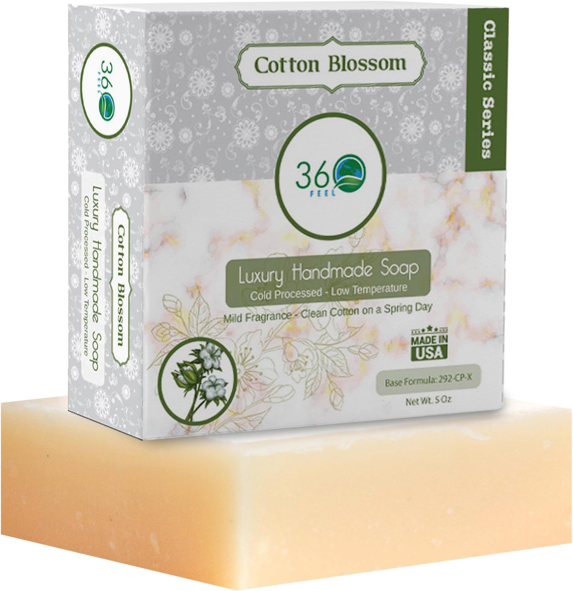 360Feel Clean cotton Soap 5 oz Castile Handmade Soaps -Refreshing Spring scent- Essential Oil Natural Mans Soap bar- Anniversary Wedding Gifts- Made in USA-Gift ready Cotton Blossom