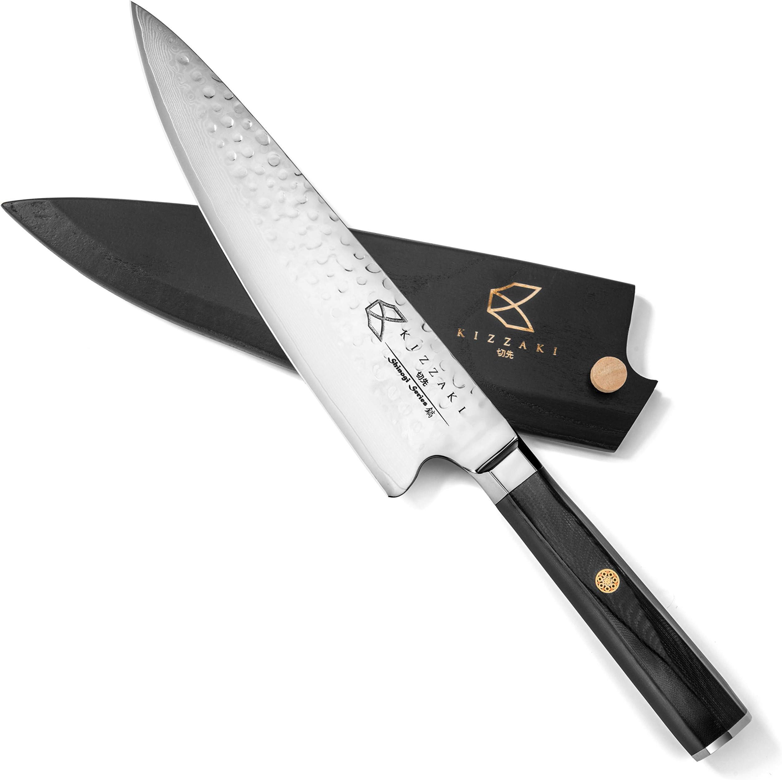 Premium 8 inch AUS-10 Japanese Super Steel Chef Knife - Ultra Sharp Blade - Hammered - Damascus Pattern - Acacia Wooden Sheath - Steel Soap - Magnetic Gift Box