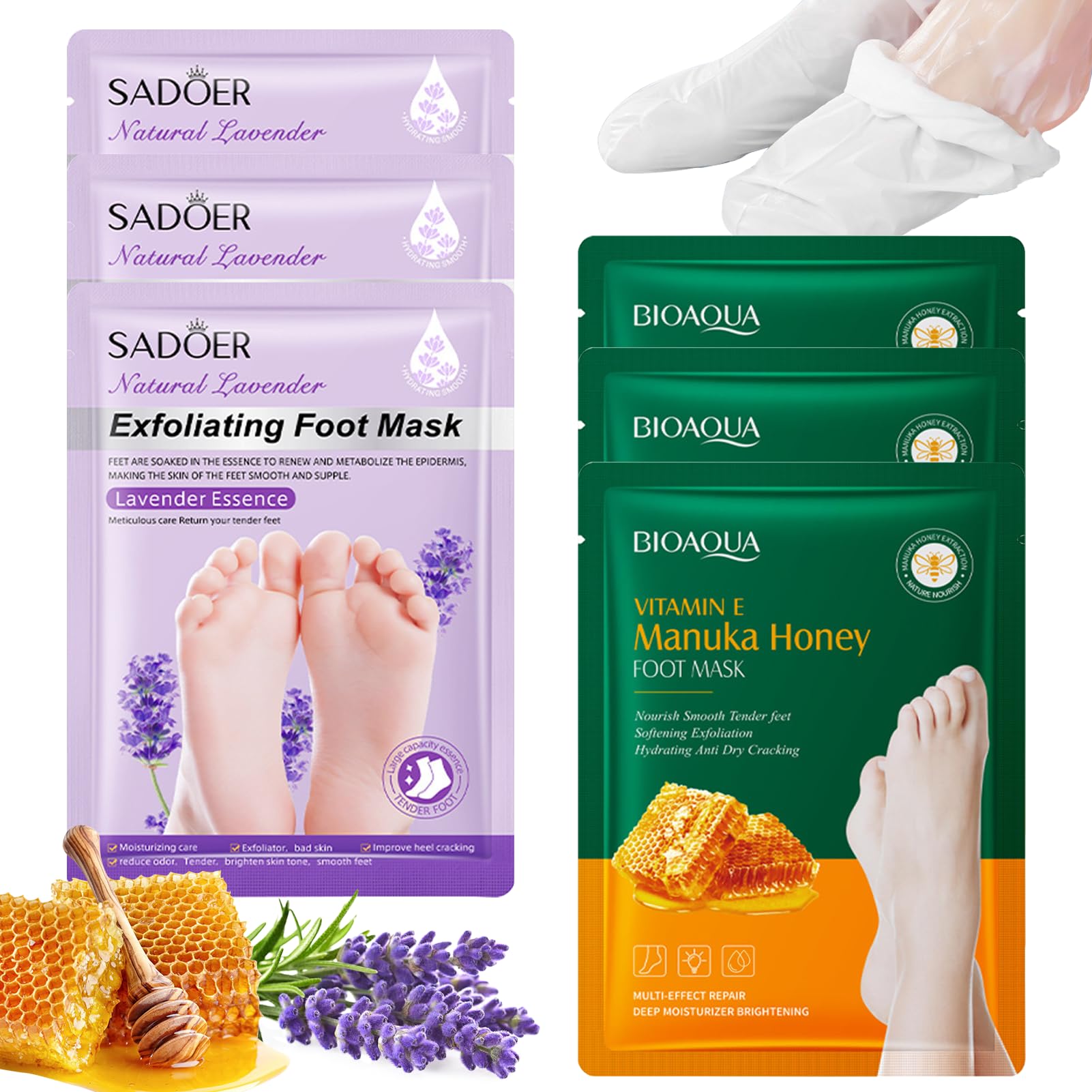 6 Paia Maschera Piedi,Scrub-Piedi,Calzini Idratanti con Miele & Lavanda,Cura Piedi per Talloni Screpolati e Secchi,Pulizia Profonda Esfoliante Piedis per Più Morbidi e Lisci