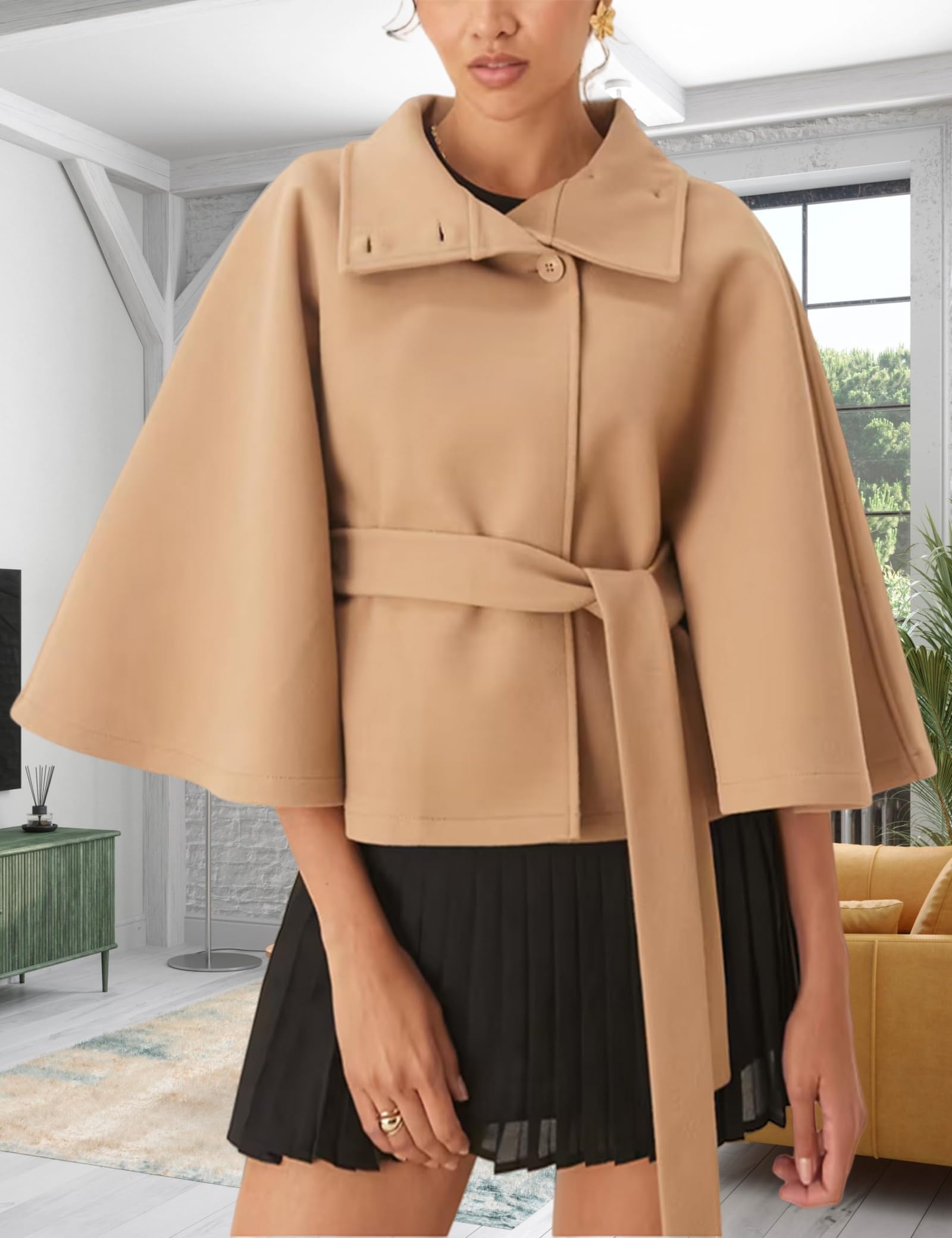 Generisch Damen-Poncho mit Fledermausärmeln, übergroßer, trendiger, lässiger Umhang mit Gürtel, Oberbekleidung mit Schalkragen für Herbst und Winter