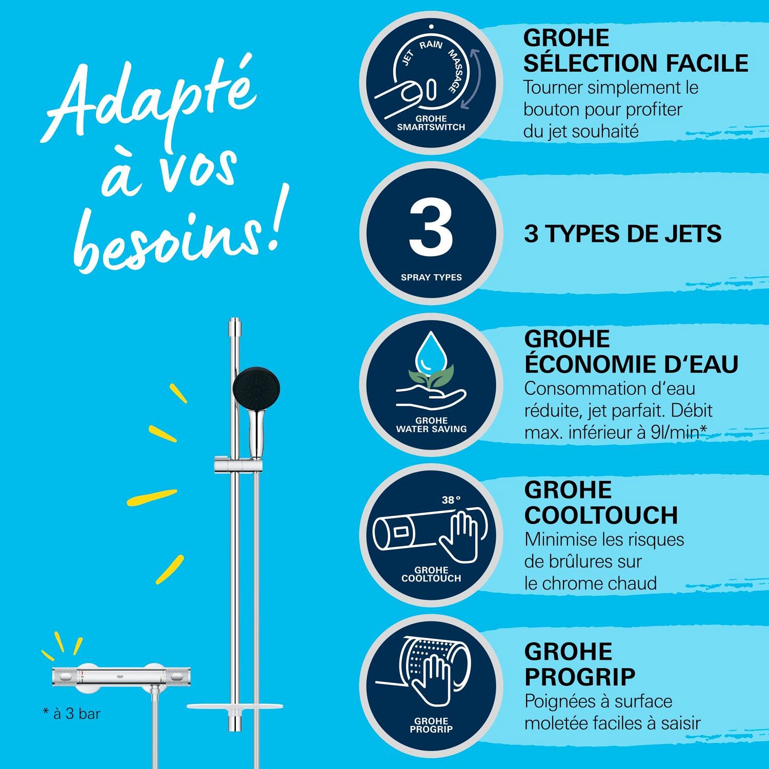 GROHE Precision Feel Mitigeur Thermostatique Douche, Ensemble de Douche 3 jets avec barre 90cm et Tablette, Economie d'eau, Chromé, 34853001