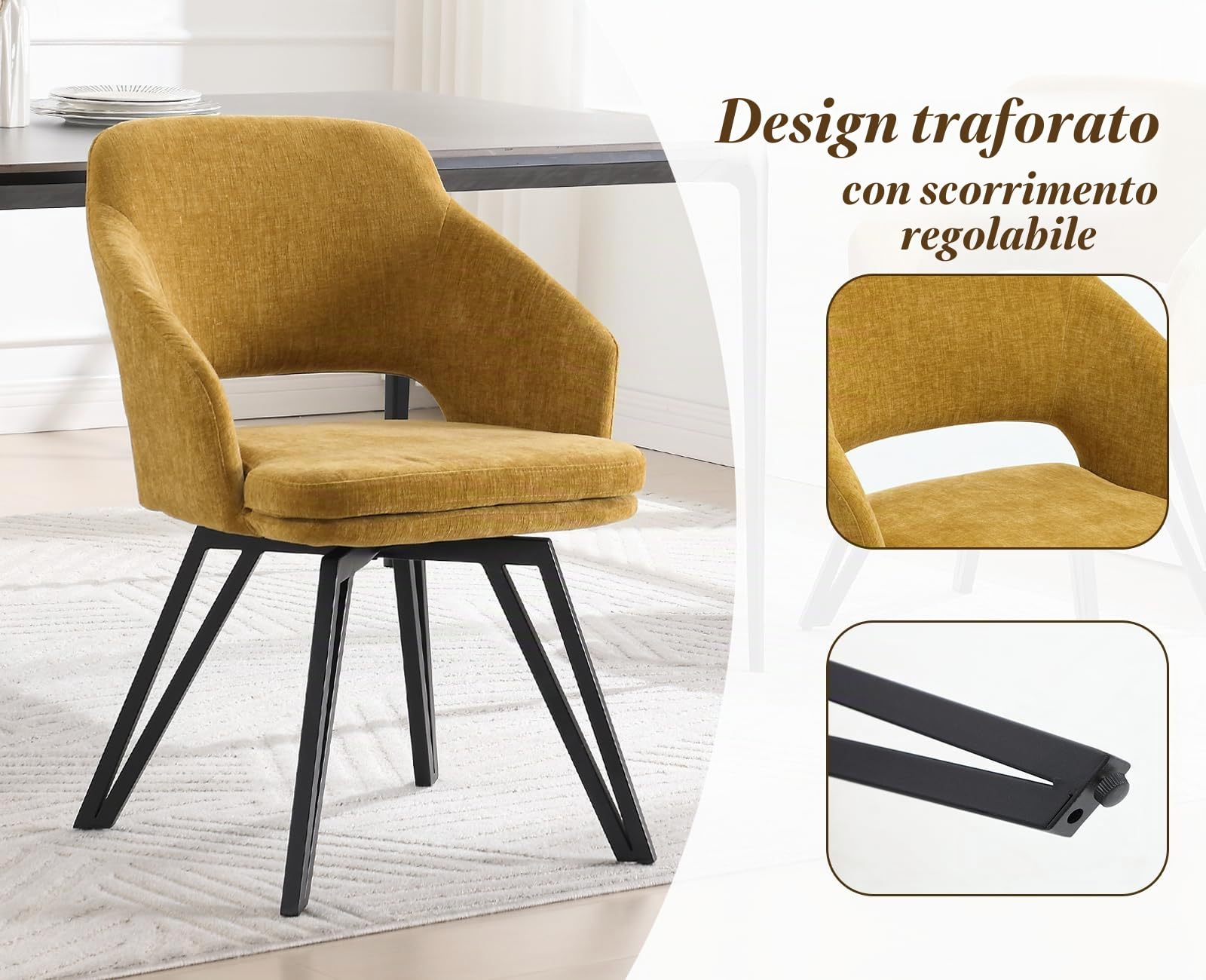 chairus 2 PZ Sedie da Cucina Girevoli Sedia da Pranzo in Ciniglia, Giallo | Poltroncina Imbottita con Gambe in Metallo Sedia Moderna per Sala da Pranzo/Soggiorno
