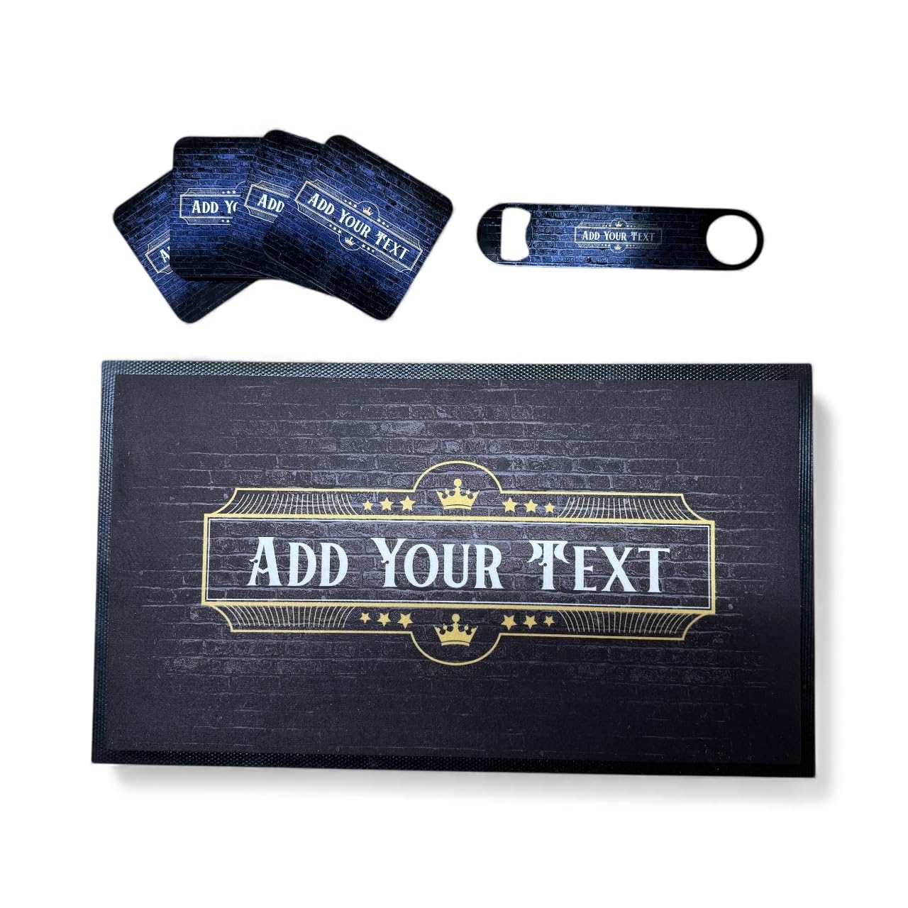 ShopQuality4U Personalise Cocktail Bar Runner Mat, Matching add-ons Bottle Opener, Drinks Coasters, Gift Set | Beer Gifts Home Bar Accessories for Pub Bars Man Cave Him Her Gin Oclock