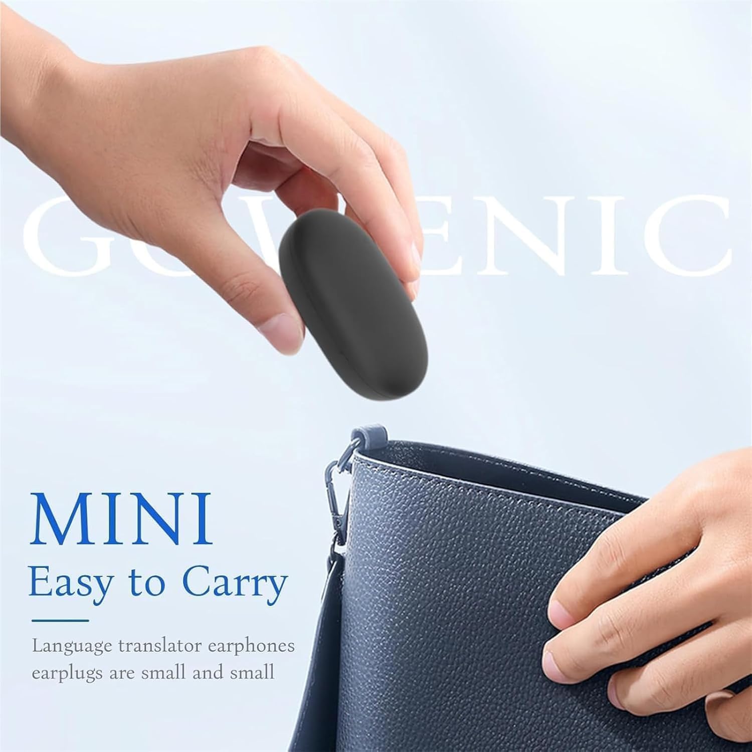 Hand placing Talkbuds Translator Earbuds charging case into a small bag