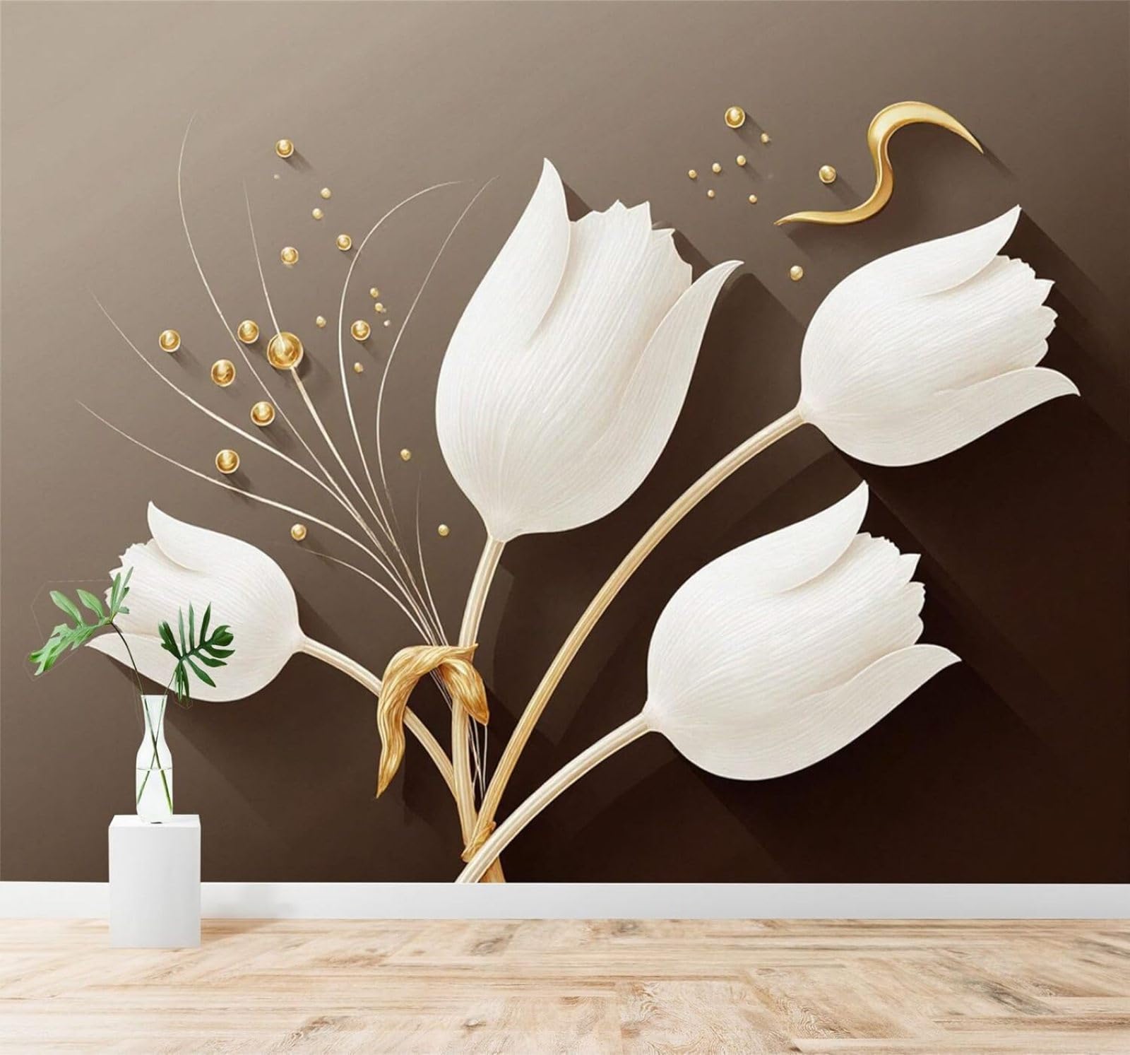 Xlming 400Cm×280Cm(B×H) Minimalist White Tulip Blossoms Gold Accents Brown 3D Wallpaper Premium Textured Silk Study Dining Living Room Bedroom Sofa Tv Wall Easy Install-400Cm×280Cm