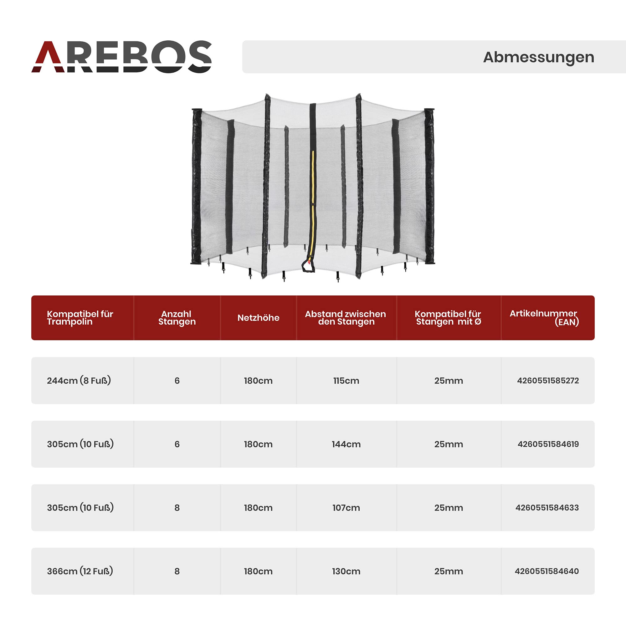 Arebos Trampolin Randabdeckung und Netz | Ersatznetz | Sicherheitsnetz | Gartentrampolin Trampolinnetz | Randabdeckung UV-beständig & wasserabweisend