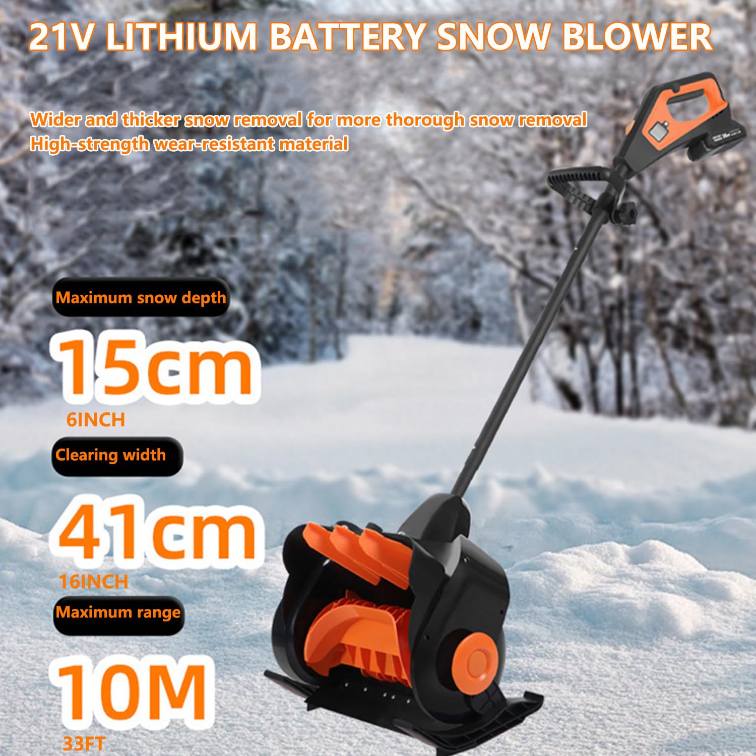 Spazzaneve Elettrico da 21 V, Pala da Neve a Batteria con 2 batterie, profondità 6'', Larghezza 16'', Distanza di Lancio 33 Piedi, 3 velocità, Display di Alimentazione a LED