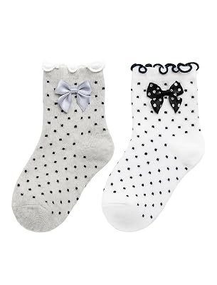 Girls Cotton Lace Polka Dot Fancy Bow Ankle Socks, 4-7 years, White and Grey, Pack of 2
