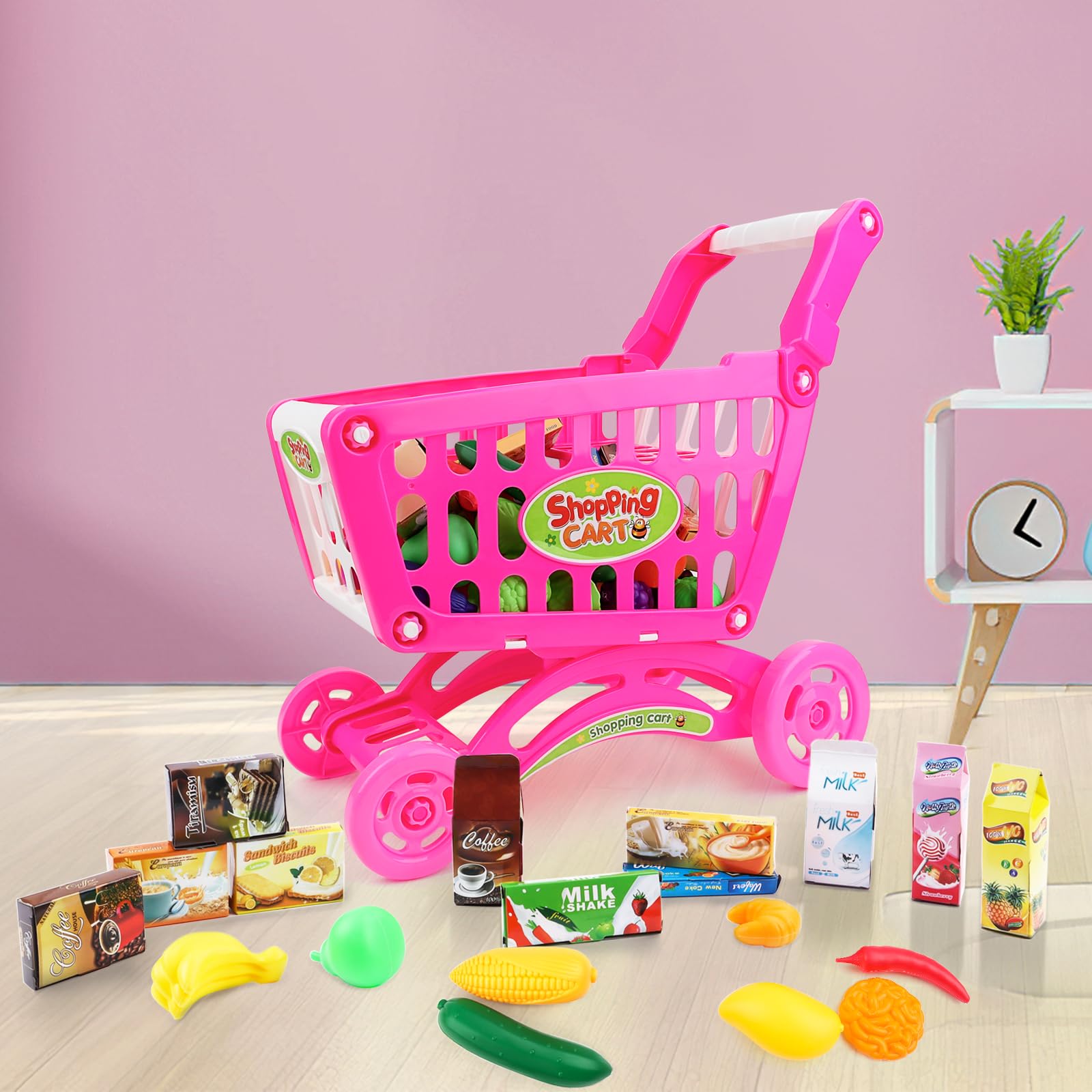 deAO Carrello Spesa Bambini Giocattolo, con più di 78 Accesori Giocattolo per Ragazzi e Ragazze, Rosa