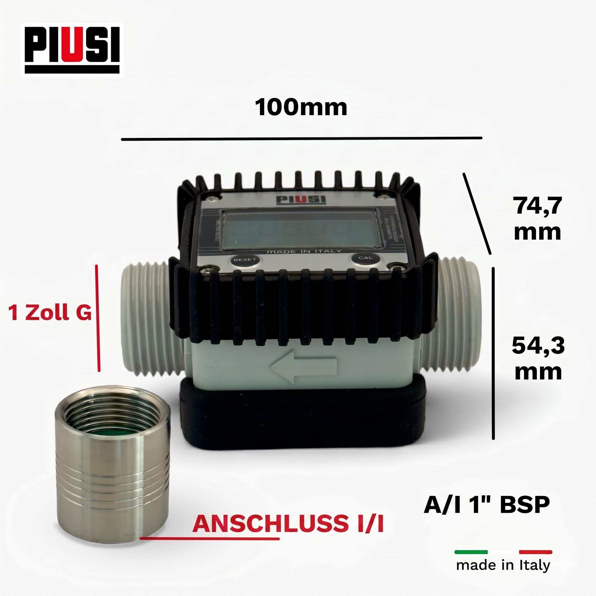 Piusi Digitales Turbinen-Durchflussmessgerät für Adblue/Wasser mit Anzeige für Durchflussraten bis zu 120 l/min, Druck 10 bar, Anschluss M/F 1” BSP und 4-Richtungen drehbares Display | K24 F0040710A