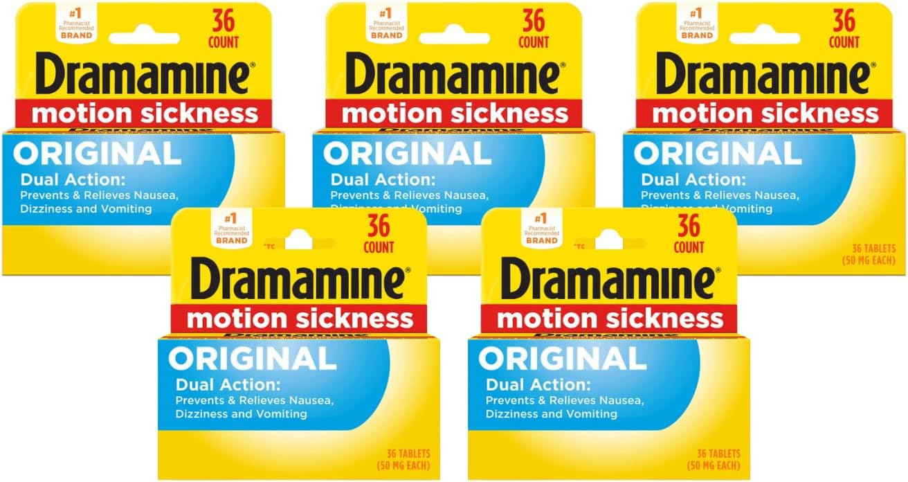 Dramamine Motion Sickness Relief, Original Formula, Dual Action Tablets, Prevents and Relieves Nausea Dizziness and Vomiting, 50 mg, 36 Count (Pack of 5)