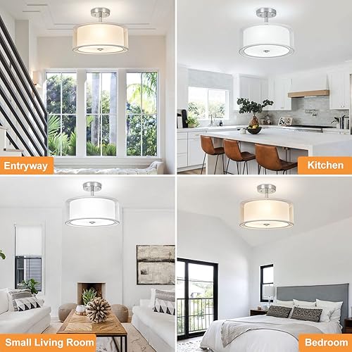 Miniatura 2 de DLLT 3-Light Semi Flush Mount Ceiling Light Fixture, 15 Pink Drum Light Fixtures with Double Fabric Shade, Modern Pendant Light Hanging for Living