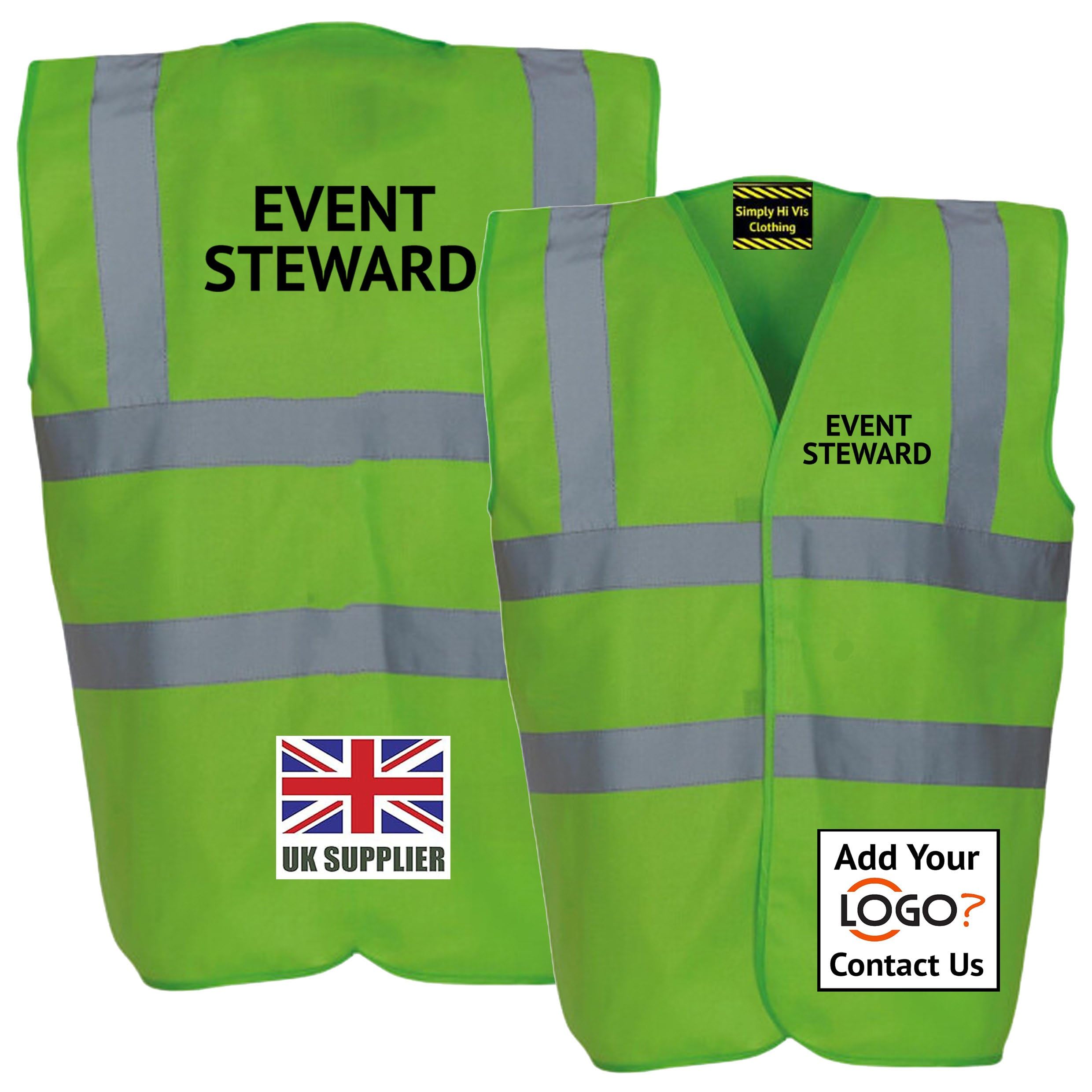 Lime Green Hi Vis Vest EVENT STEWARD Waistcoat EN ISO 20471 supplied by Simply Hi Vis Clothing UK