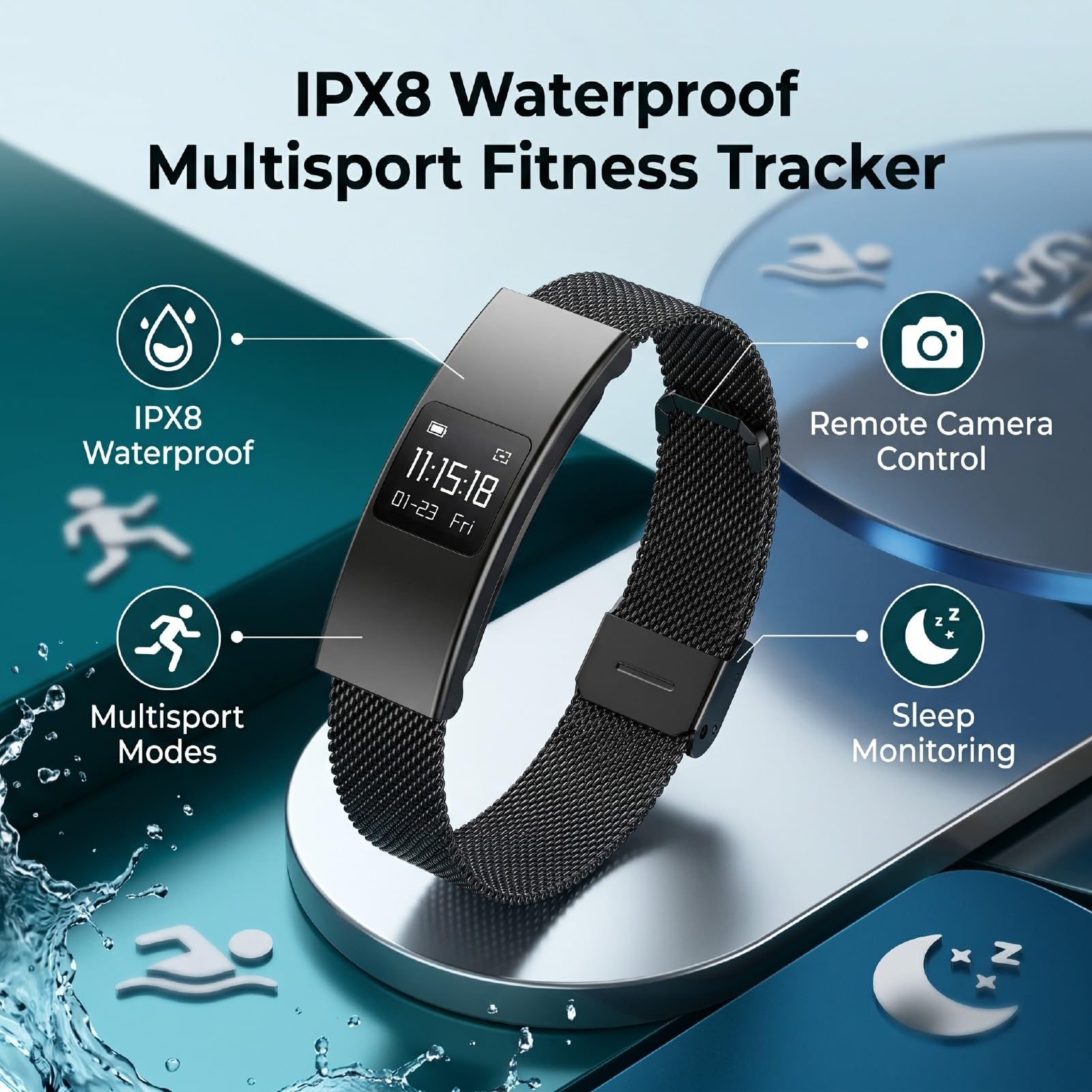 Tangxi Bracciale Intelligente con Cinturino Impermeabile IPX8 e Acciaio | Bluetooth 5.3, Monitoraggio delle Fasi del Sonno, Controllo Remoto della Fotocamera, Batteria da 5-7 Giorni, Ricarica