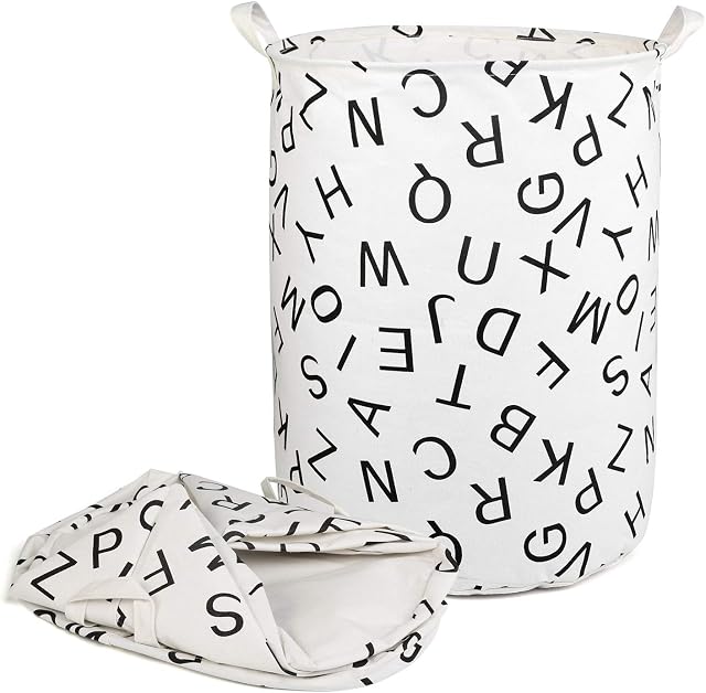 NEWSTYLE Large Laundry Basket,Waterproof Foldable Cotton Fabric Laundry Hamper Bucket Cylindric Burlap Canvas Storage Basket with Handles (White Alphabet)