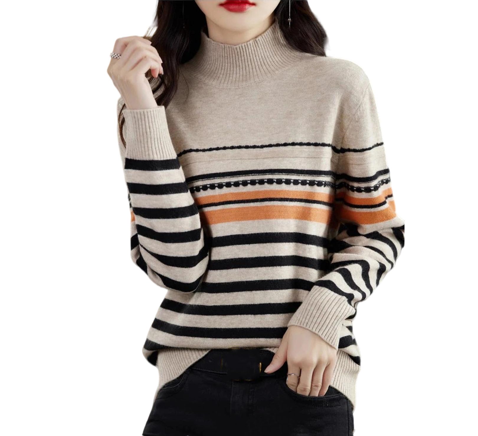 Sweter Damski Wełniany – Uniwersalny Sweter Z Półwysokim Kołnierzem I Kolorowymi Paskami-Beige-Medium