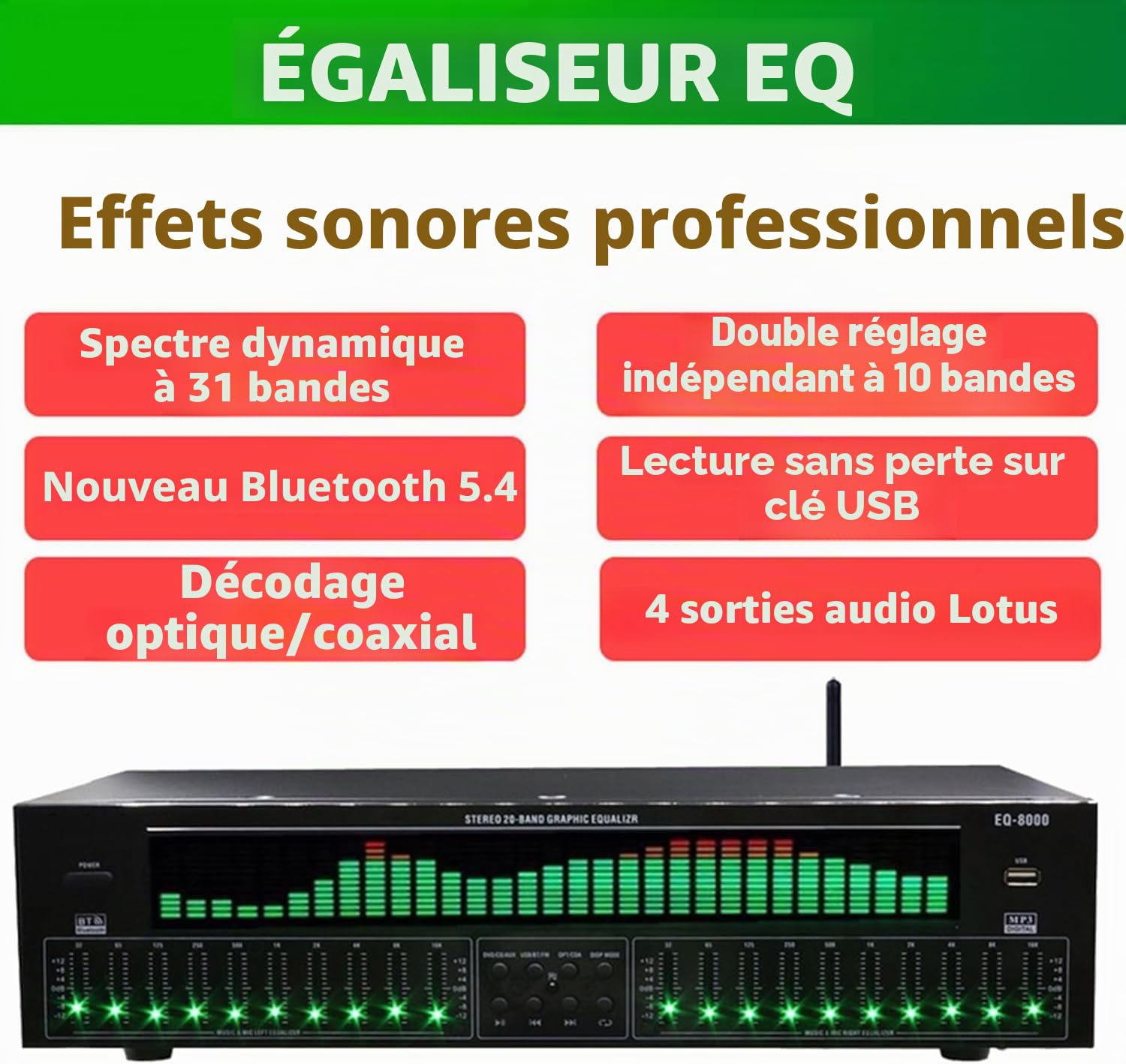 Égaliseur EQ Professionnel, Égaliseur Numérique 31 Bandes, Égaliseur Graphique Stéréo Audio Numérique, 12 Modèles de Rythme, Double Accordage Indépendant en 10 Segments, avec Réduction du Bruit