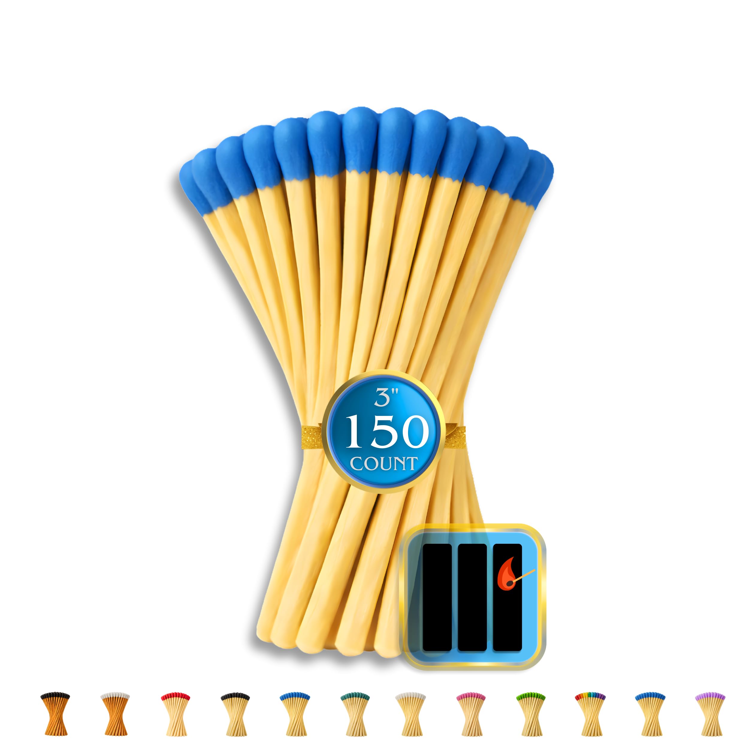 150 Count | 3" Blue Matches | Strikers Included | Color Tip Wooden Match | Refill for Matchstick Jars, Candle Display, Holders & Bottles | 3 in inches Long
