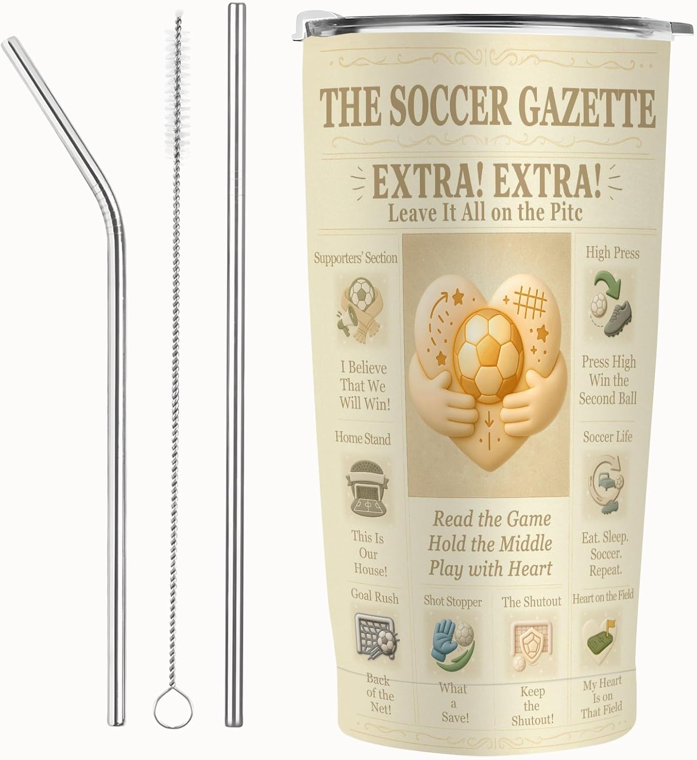 Soccer Tumbler 20oz, Vacuum Insulated Stainless Steel Travel Cup wwith Lid | Soccer Water Bottle | Vintage Newspaper Design | Gifts for Coach, Mom, Dad & Players | Fits Car Holders