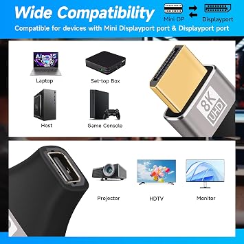 8K 1.4 DisplayPort to Mini DisplayPort Adapter 2 Pack, Mini DP Female to DP Male Bi-directional Connector, Thunderbolt 2 Compatible, Supports 8K@60Hz, 4K@144Hz, for Laptop, PC, Gaming, Monitor, TV