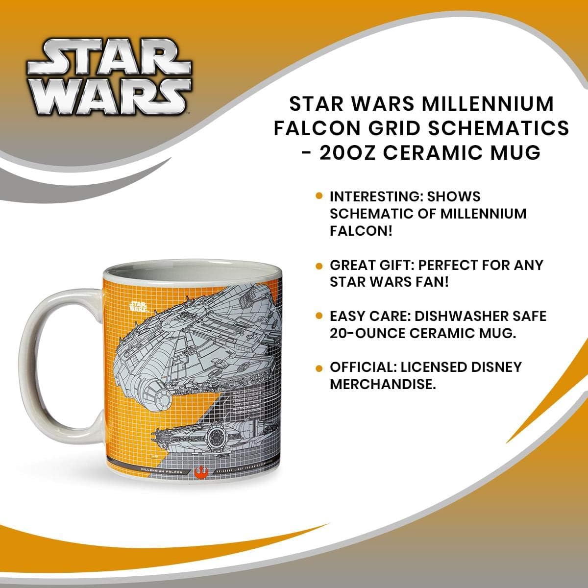 Official Star Wars Millennium Falcon Grid Schematics 20-Ounce Mug - Ceramic Cup For Hot Coffee, Tea, Cocoa - Features Detailed Ship Design Templates - Licensed Disney Item
