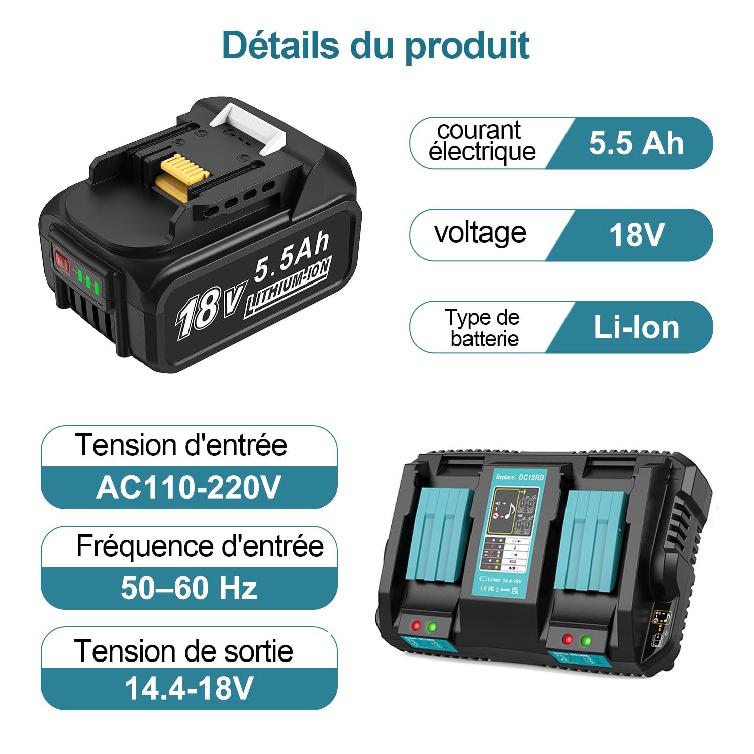 DC18RD - Caricatore da 18 V, 2 pezzi di ricambio da 5,5 Ah, compatibile con batteria Makita e caricabatterie, 18 V, batterie di ricambio BL1860B BL1850B BL1860 BL1850 BL1840