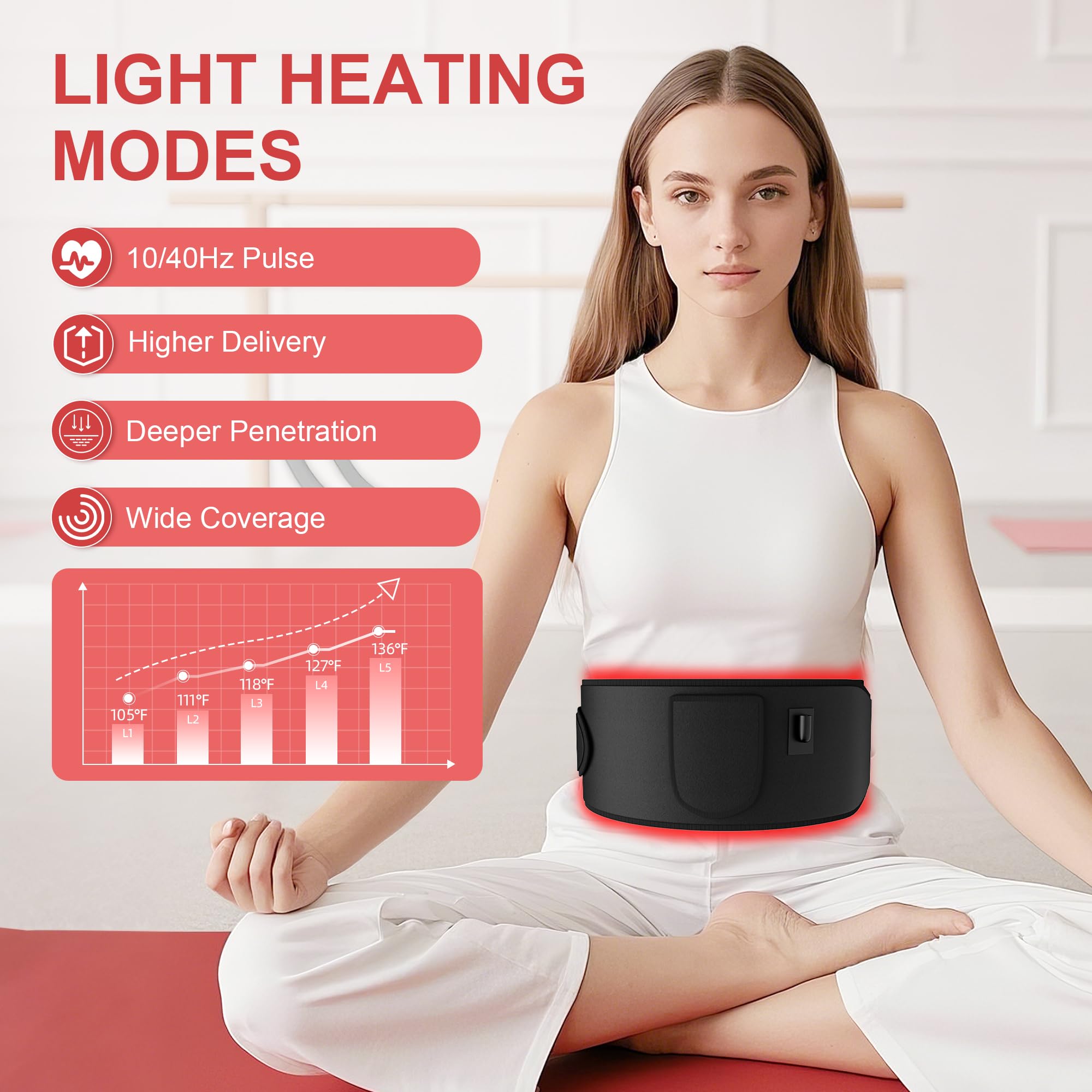 Terapia de luz roja para cuerpo: 5 niveles de luz, luz infrarroja, terapia de calor, cinturón para espalda, cintura, músculos, alivio del dolor, cuentas LED de 660 nm y 850 nm, dispositivo de terapia