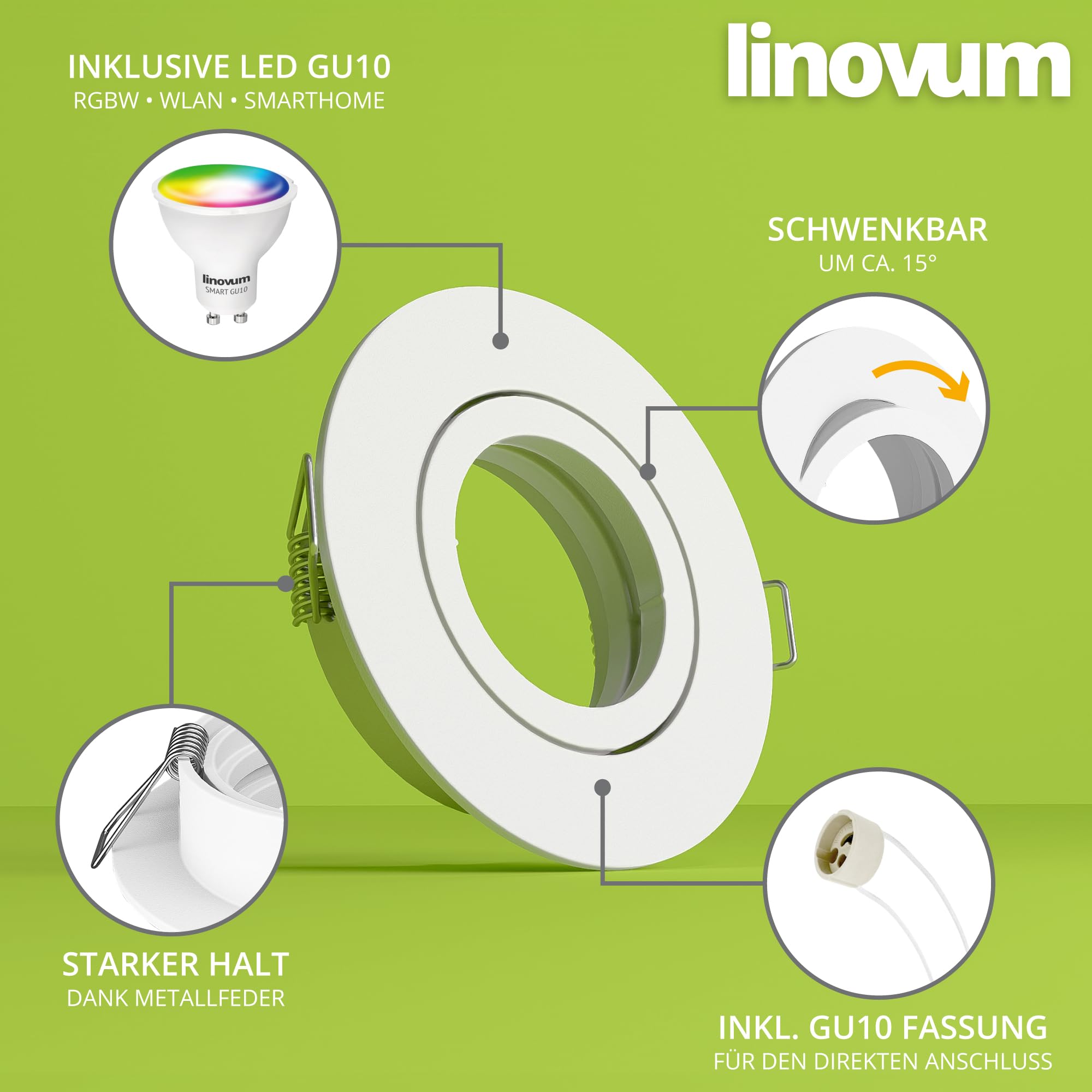 linovum 4er Set Einbauspot schwenkbar rund weiß inkl. LED Smart WLAN RGB GU10 Lampe 230V