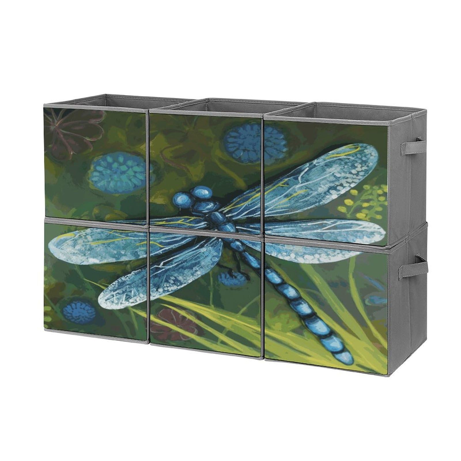 Btcowzrv Style Hand Painted Blue Dragonfly Storage Cubes, 6 Pack Oxford Fabric Foldable Collapsible Bins With Handles, Cubby Storage Baskets Boxes For Closet Shelves Office Organization