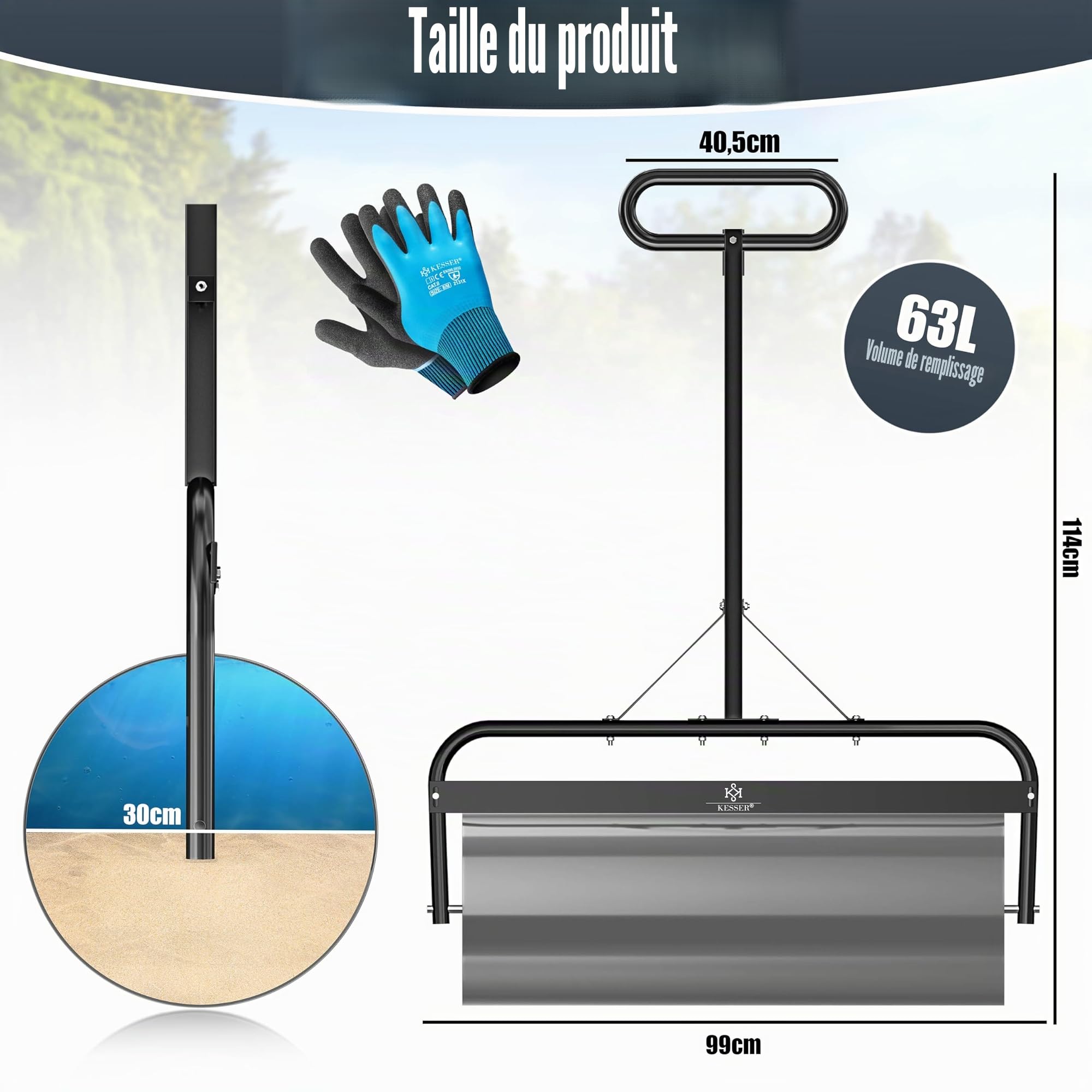 KESSER® Rouleau à gazon en métal à remplir avec de l'eau ou du sable avec un volume de remplissage de 63 l et 99 cm de large - Rouleau de jardin avec 5 pointes et gants - Rouleau manuel pour gazon -