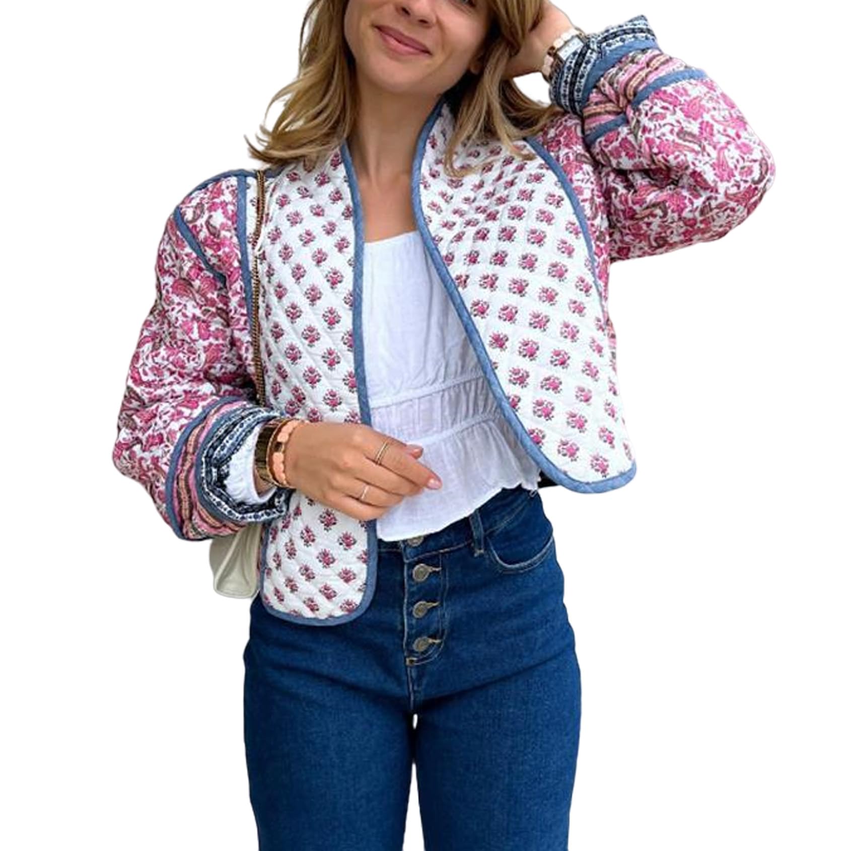 Perbai Womens Floral Cropped Quilted Jacket Lightweight Reversible Open Front Puffer Cardigan Coat