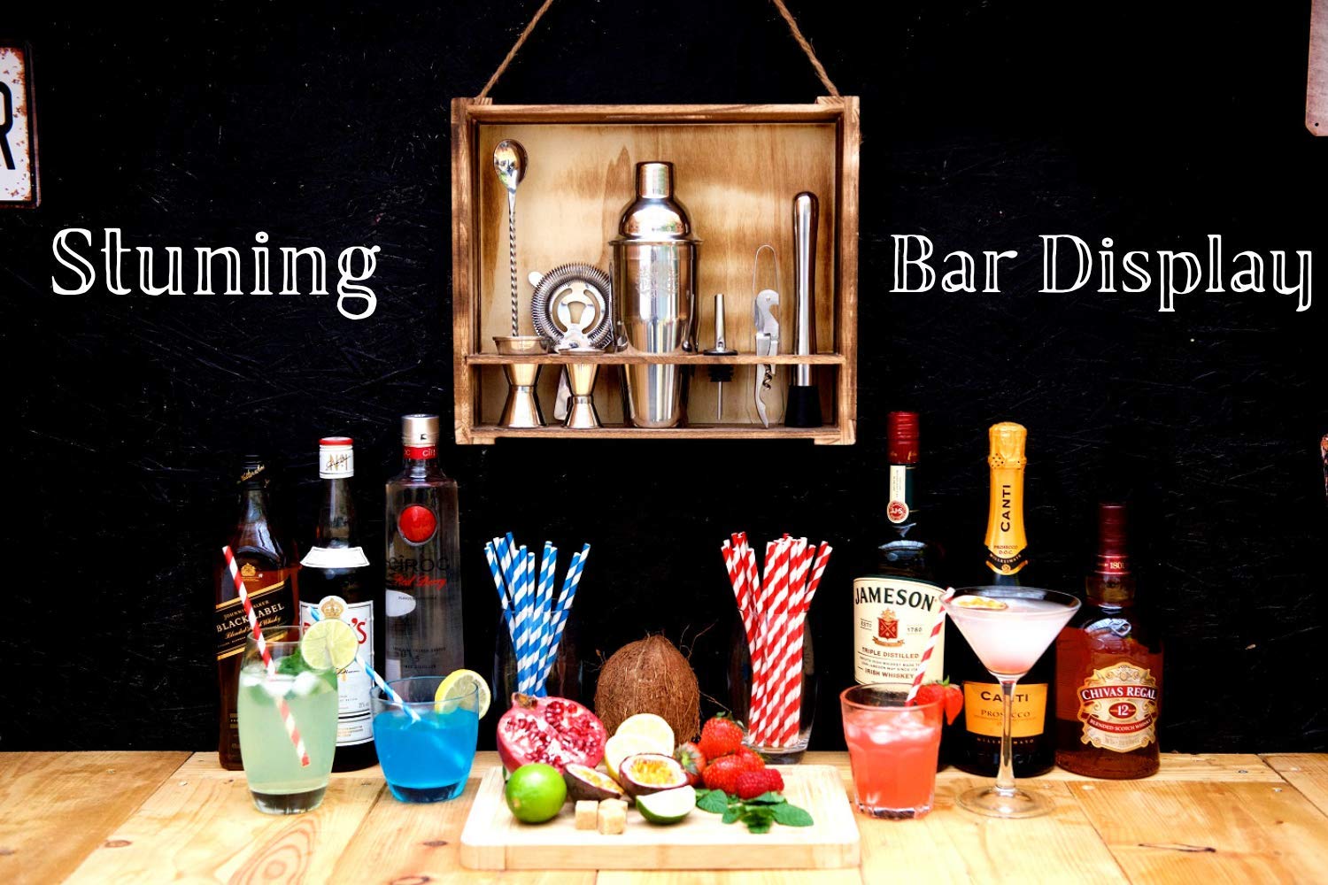 Juego de coctelería de 11 piezas, coctelera de barman de acero inoxidable de alta calidad con soporte de madera y accesorios, herramientas ideales para bar, cocina, uso profesional