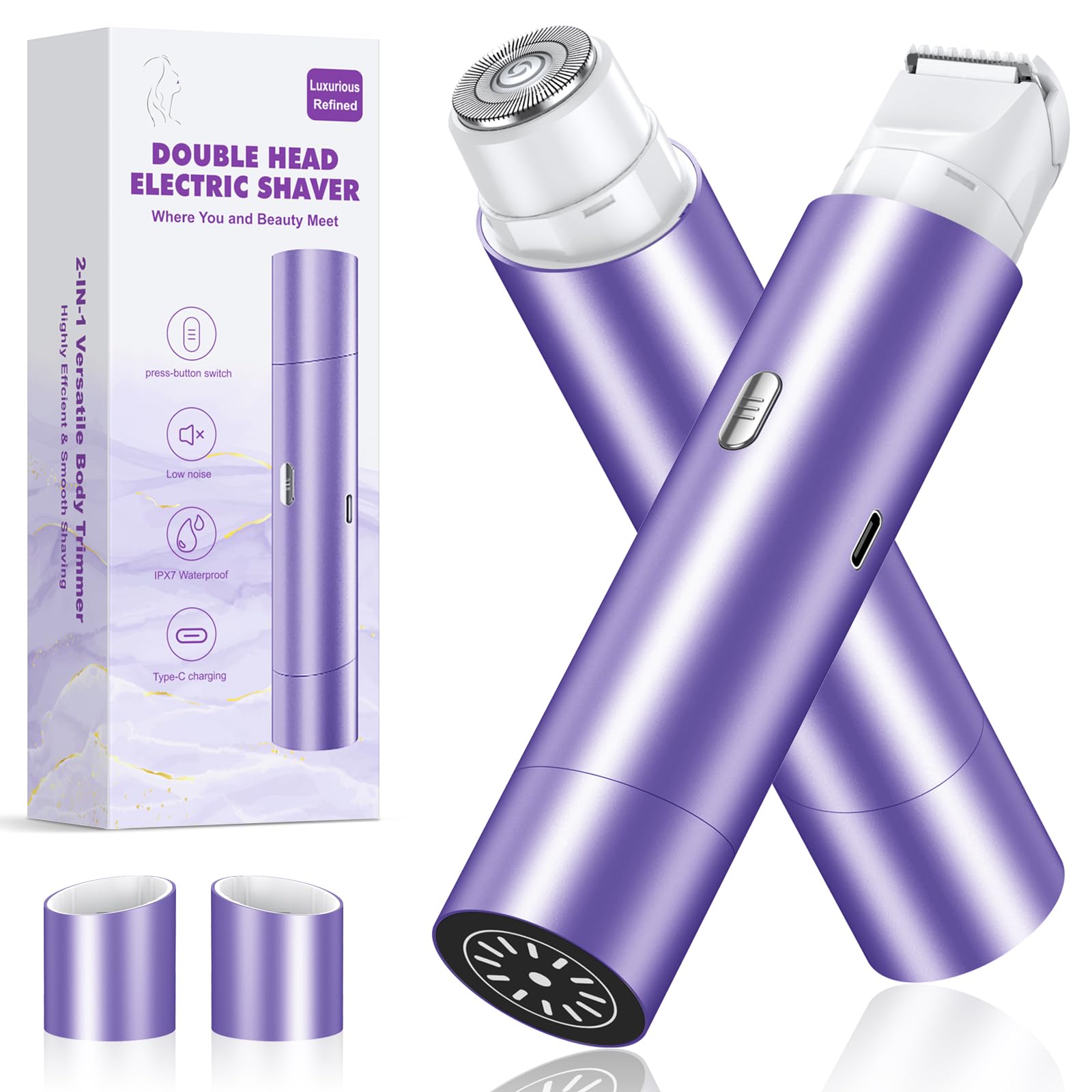 NIPOO Bikini Trimmer for Women, Dual Head Face Shaver Body Hair Trimmmer, IPX7 Waterproof Womens Electric Razor for Legs, Deep Purple