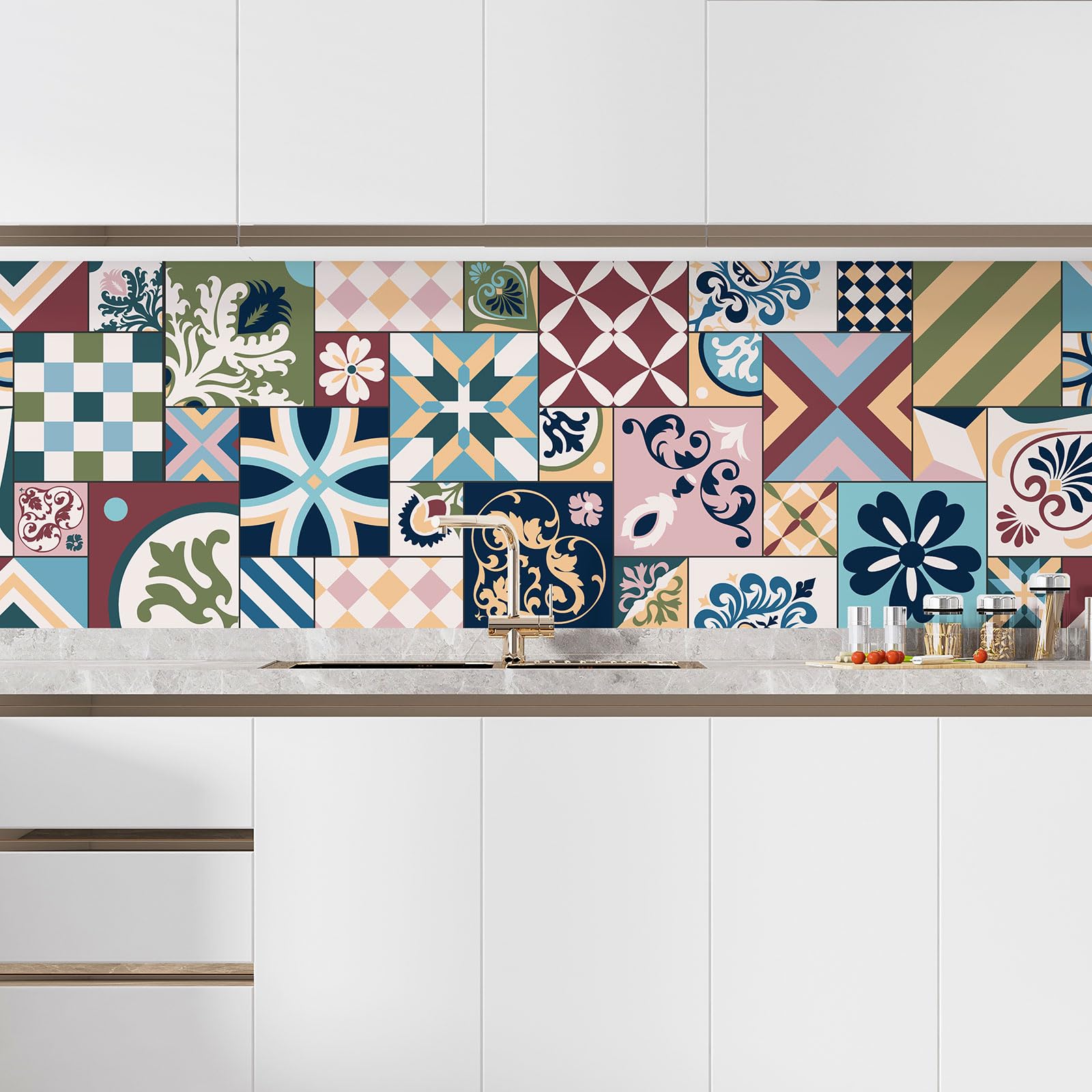 Lumalea Adesivo adesivo per cucina, effetto piastrelle di cemento, 3617682445233, adesivo + protezione opaca, 55 x 165 cm