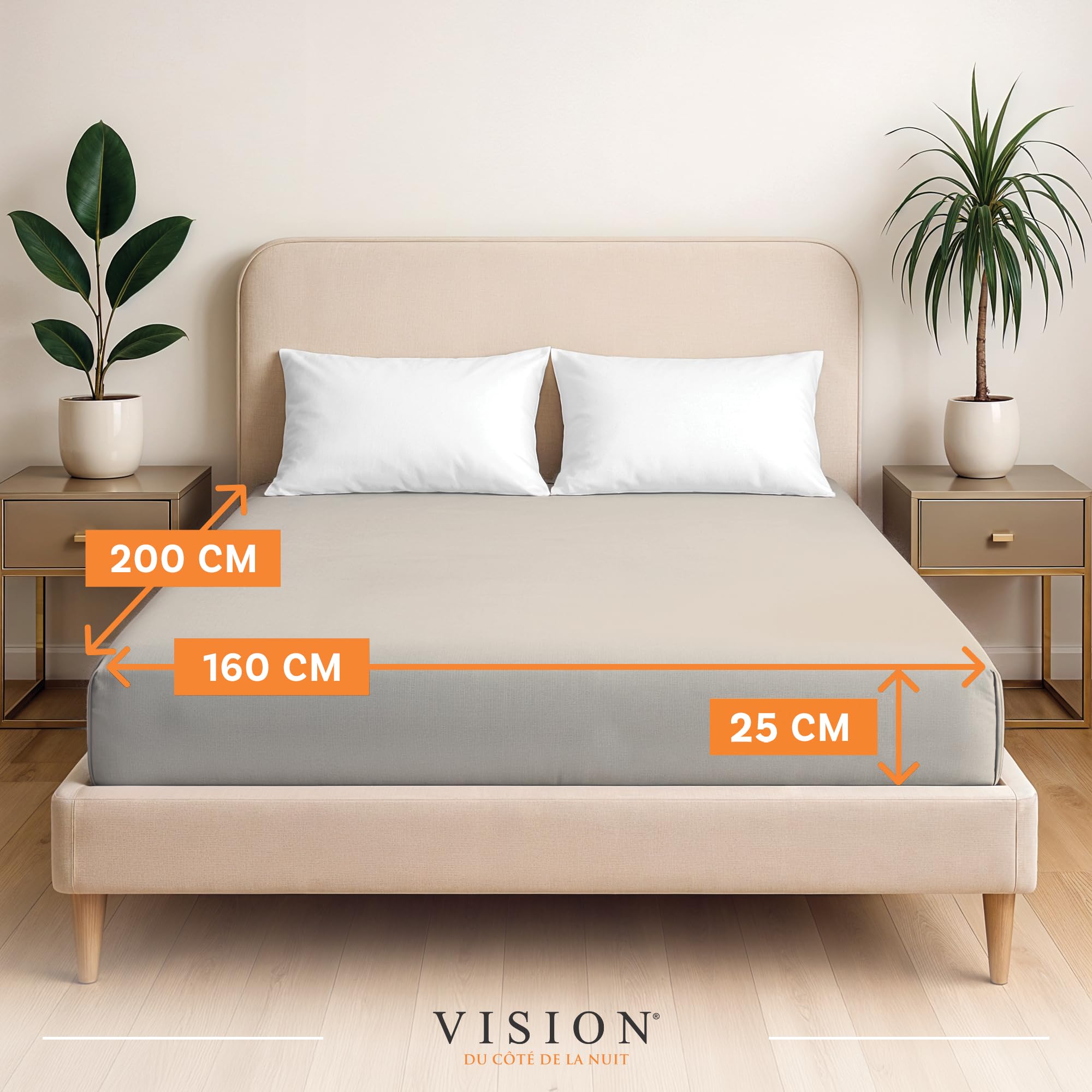 VISION Lenzuolo con angoli - 100% cotone - Letto matrimoniale (160 x 200 cm) - Angoli elasticizzati - Adatto a materassi fino a 25 cm - Certificato Oeko-Tex - Lavabile in lavatrice - Colore: beige