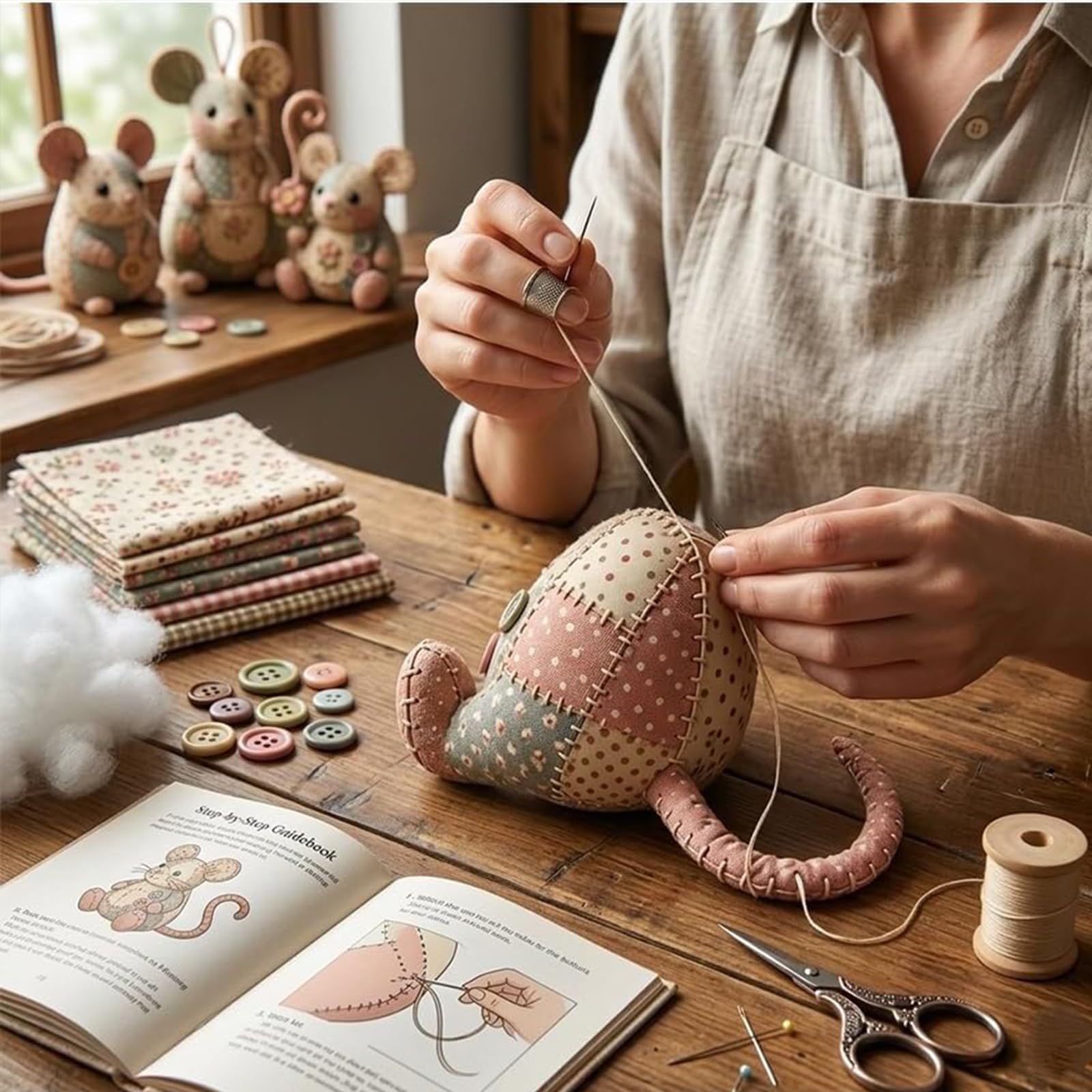 Patchwork-Maus-DIY-Set, handgefertigtes Patchwork-Maus-Nähset, niedliche 3D-Filzmäuse-Patchworks-Tier-Kits, komplettes Stofftierprojekt aus Filz,mit vorgeschnittenen Teilen,Füllung Knöpfen (#all)