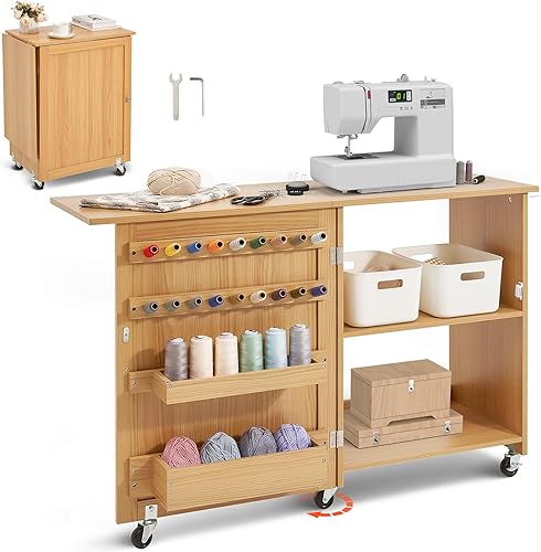 VEVOR Folding Sewing Table, Multipurpose Sewing Machine Table with Compact Design, Wheels, Shelves, Storage Trays, Wooden Pegs, and Magnetic Doors, Sewing Desk Cabinet for Sewing Machine, Wood Color VEVOR Folding Sewing Table, Multipurpose Sewing Machine Table with Compact Design, Wheels, Shelves, Storage Trays, Wooden Pegs, and Magnetic Doors, Sewing Desk Cabinet for Sewing Machine, Wood Color