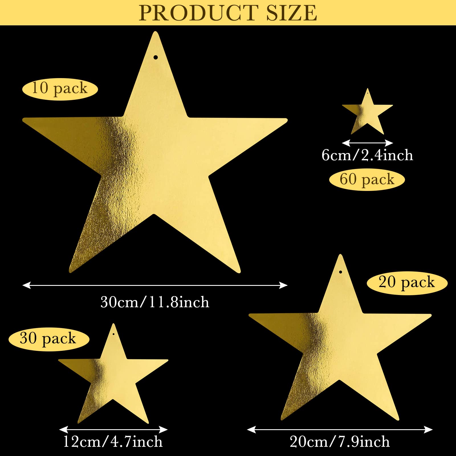 Estrellas de cartón dorado con recortes de estrella para colgar con purpurina (6 cm/12 cm/20 cm/30 cm) y 50 m hilo de pesca de nailon con cuentas doradas (dorado, 120 piezas)