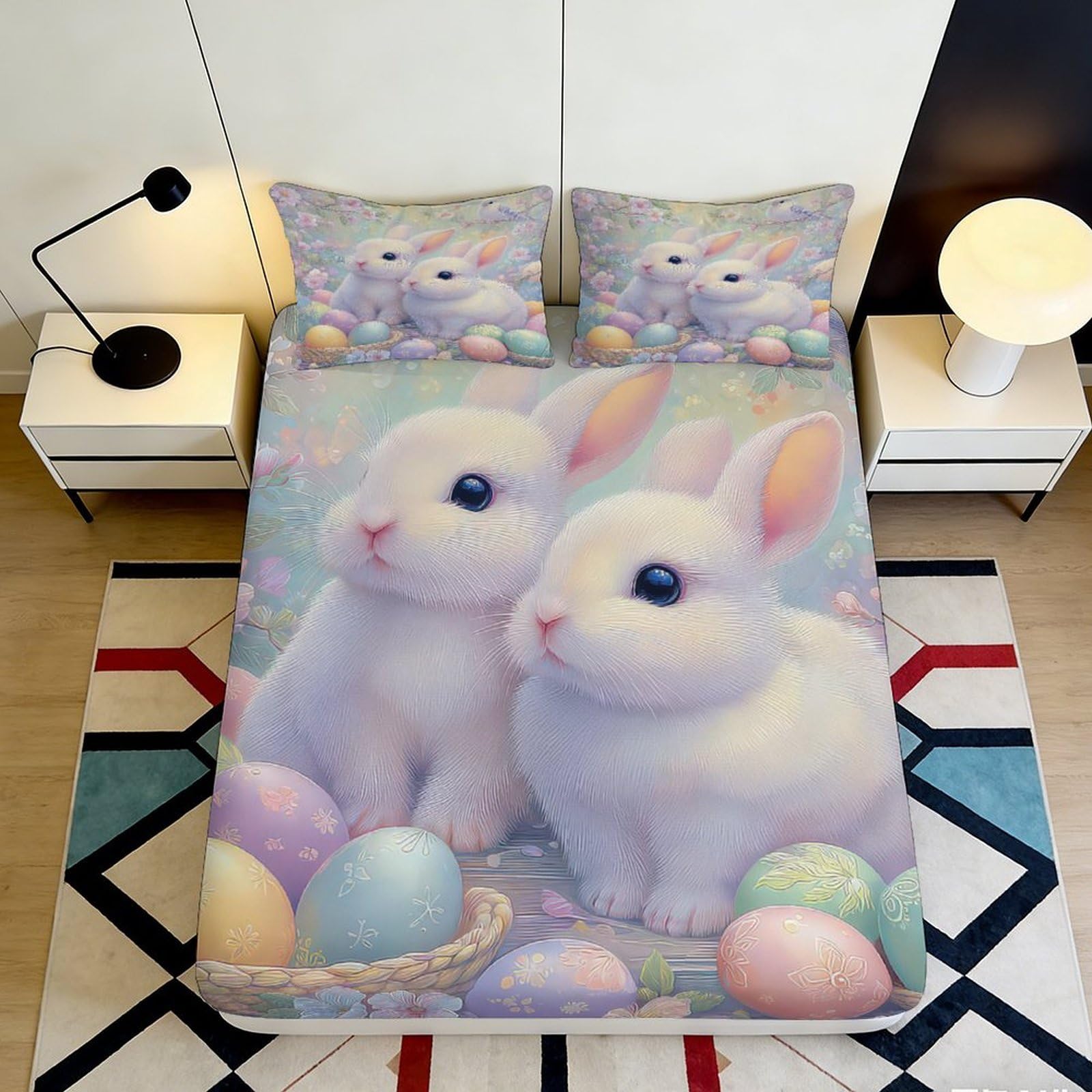 3D Printed Pastel Bunny Fitted Sheet Microfiber Soft Decorative Easter Egg Bed Cover for Bedroom Dorm Decor 90x200x25cm