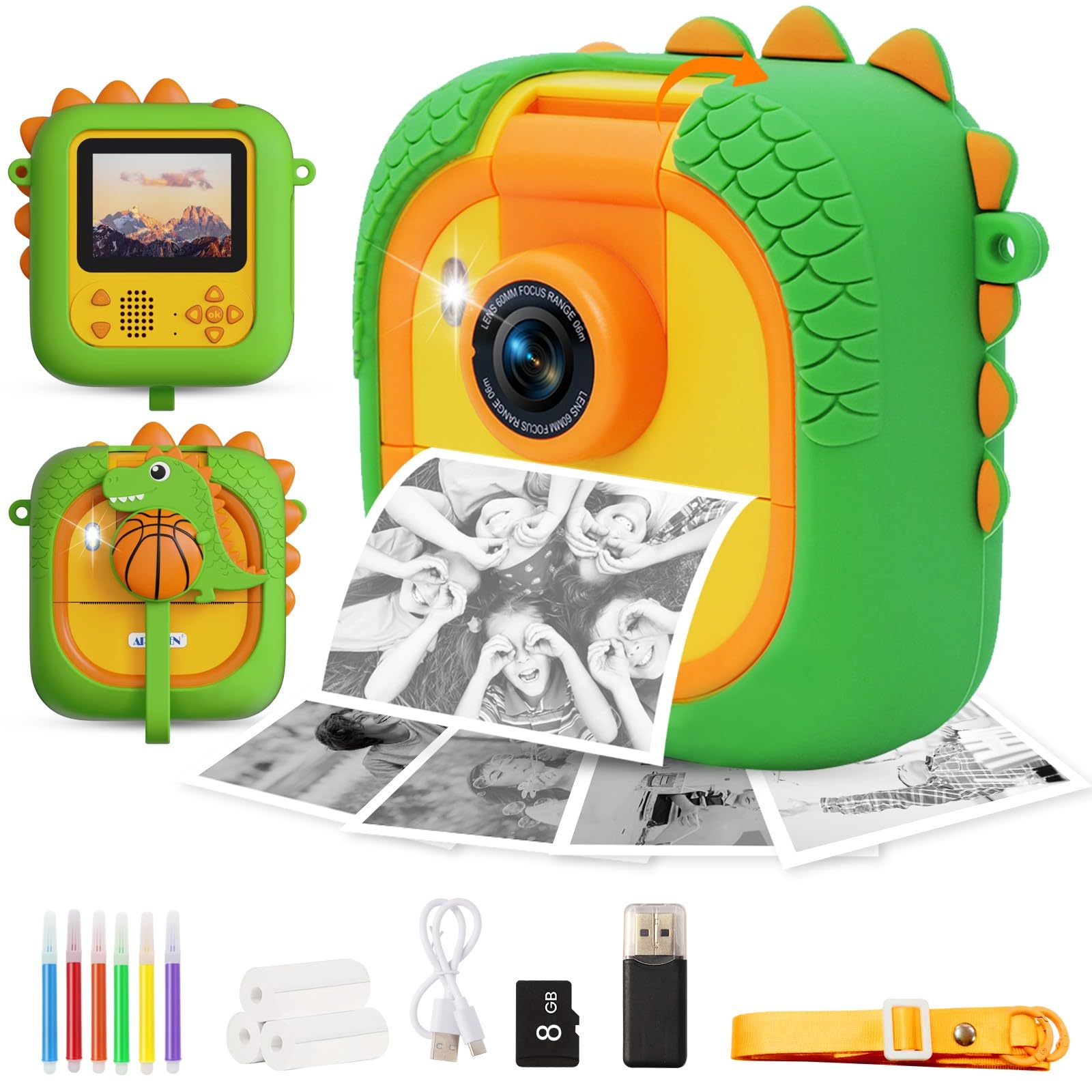 ARNSSIEN Sofortbildkamera Kinder mit 180°-Klappobjektiv, 2,4" 1080P Kinderkamera mit 3 Druckpapier, für Kinder von 3–12 Jahren,Weihnachts Geburtstagsgeschenk für Jungen & Mädchen, M2 (Grün Dino)