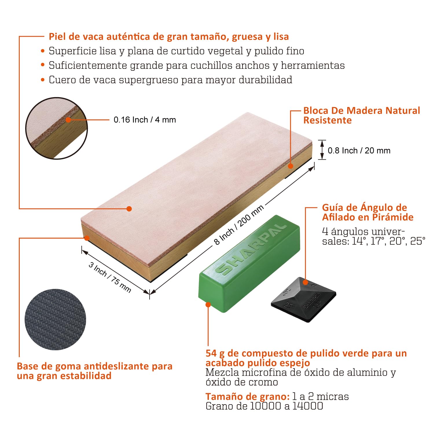 SHARPAL 204N Correa de cuero genuino con 53g/2 oz Compuesto de pulido y guía de ángulo, bloque para afilar cuchillos de 20cmX7,5cm para afilar cuchillos, navajas y cinceles